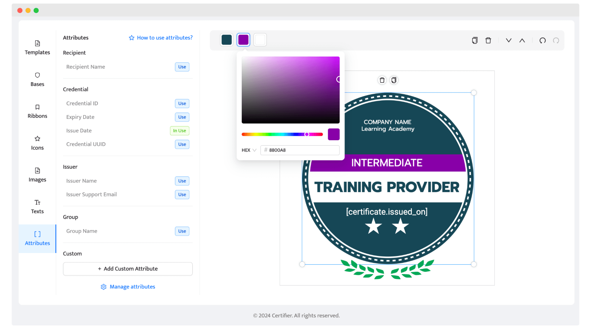 Adjusting the badge design within badge editor. Adjusting the badge design within badge editor.