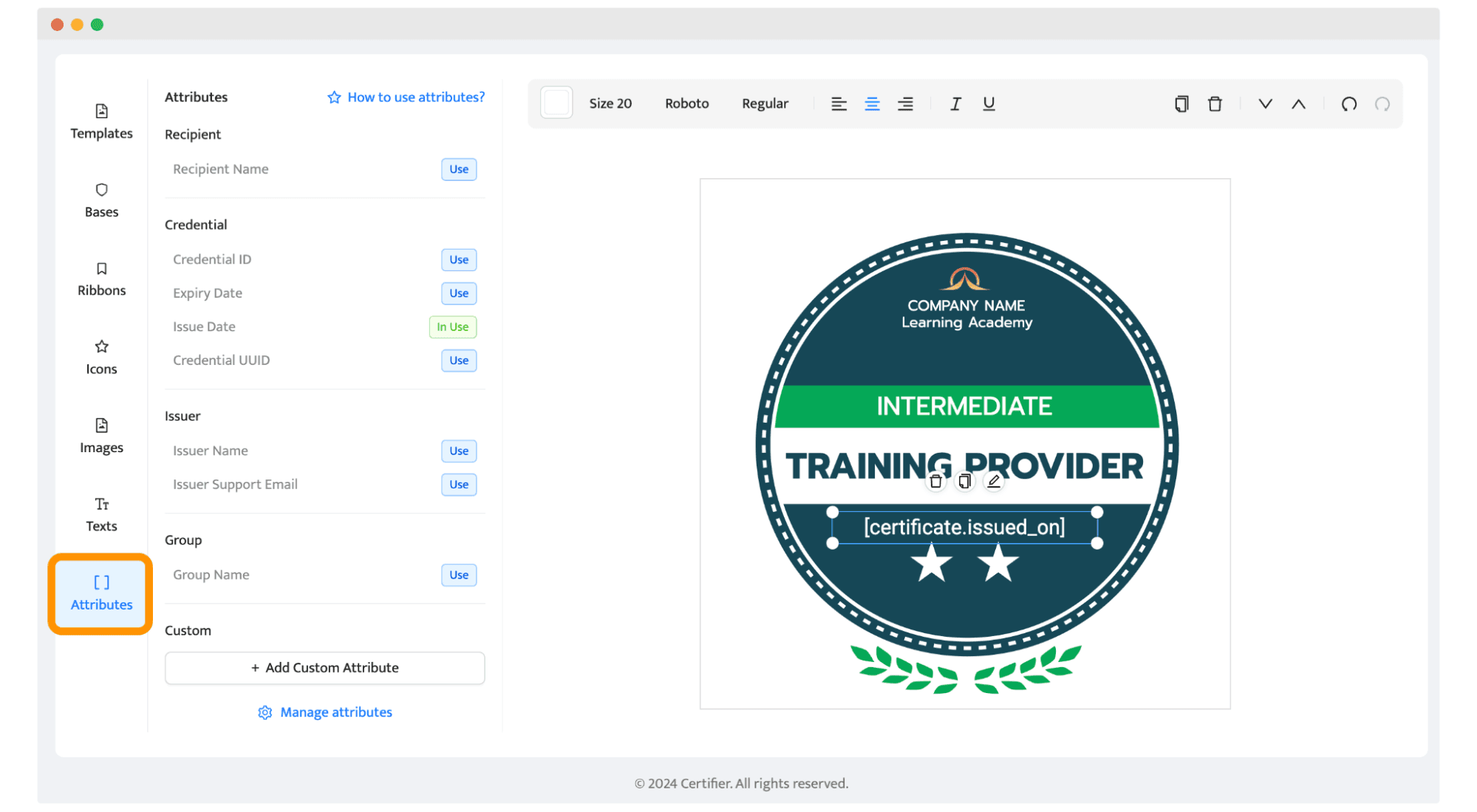 Adding dynamic attributes to the badge design within Certifier badge maker. Adding dynamic attributes to the badge design within Certifier badge maker.