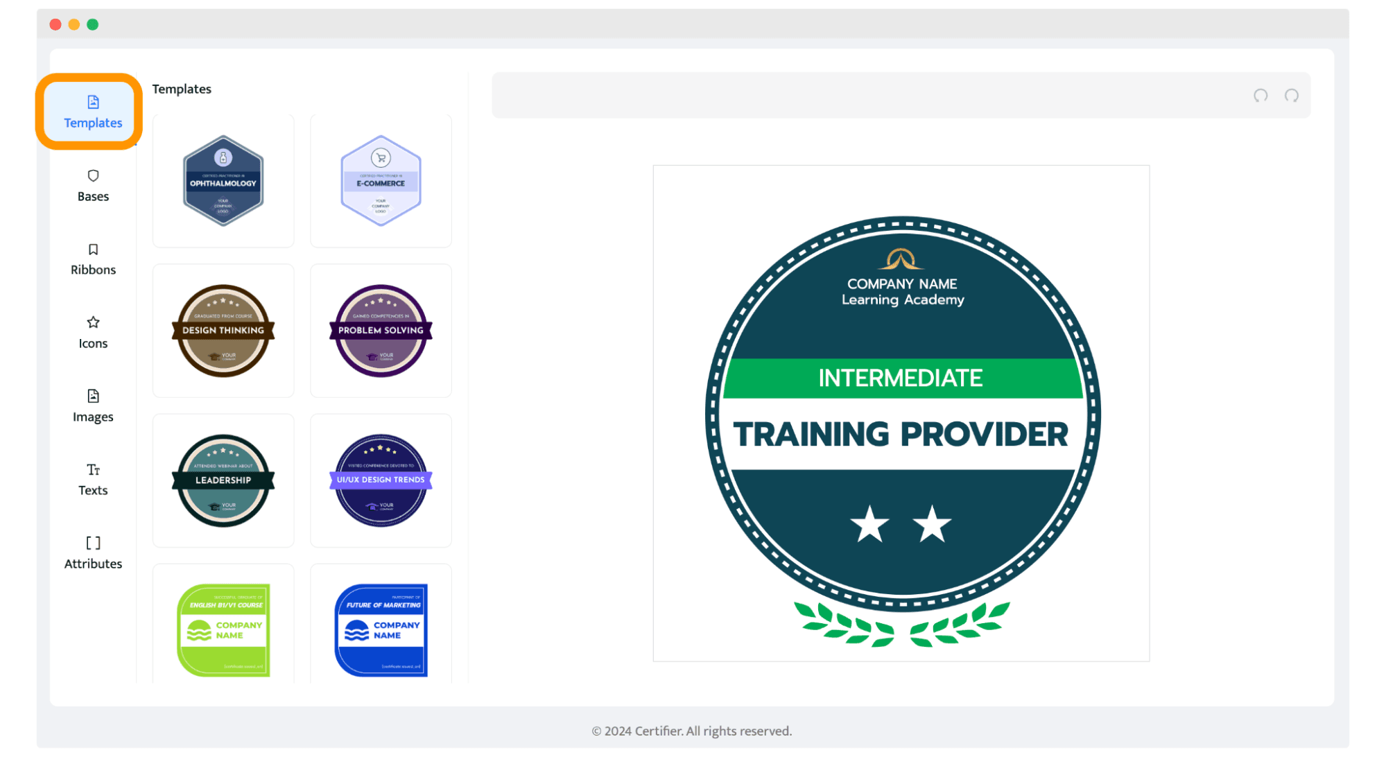 Templates tab within Certifier badge editor. Templates tab within Certifier badge editor.