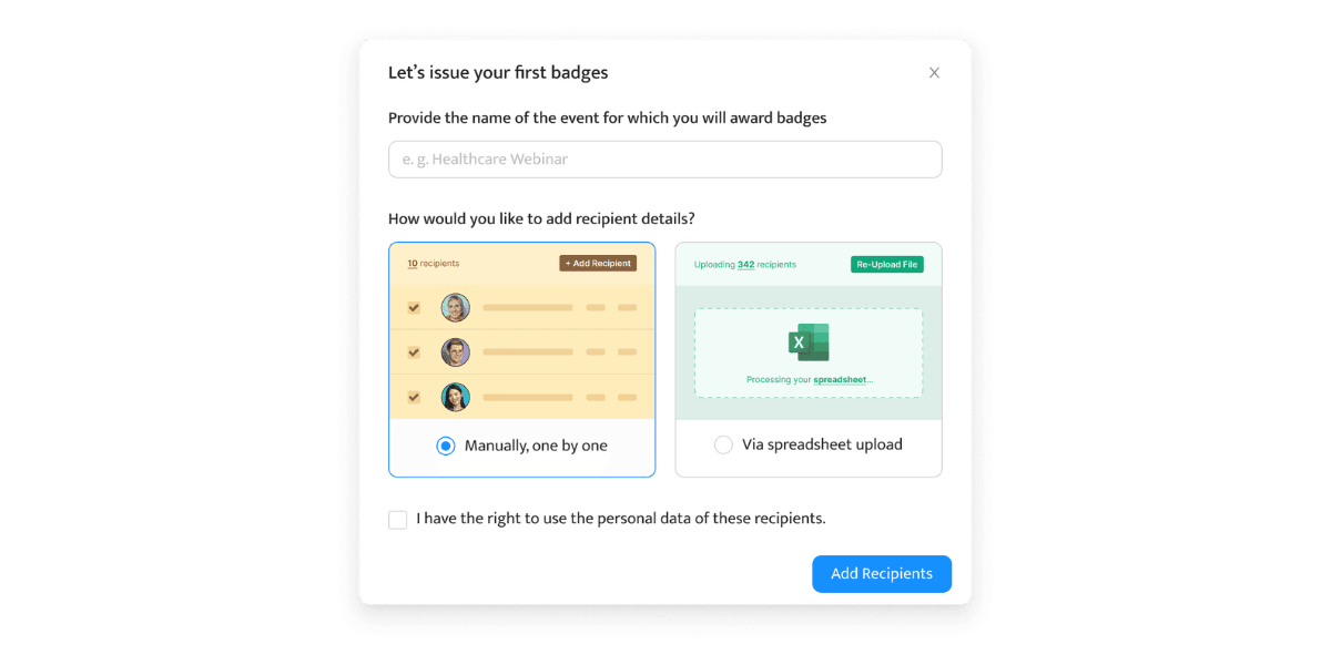 Uploading the recipients' data via Certifier badge maker. Uploading the recipients' data via Certifier badge maker.