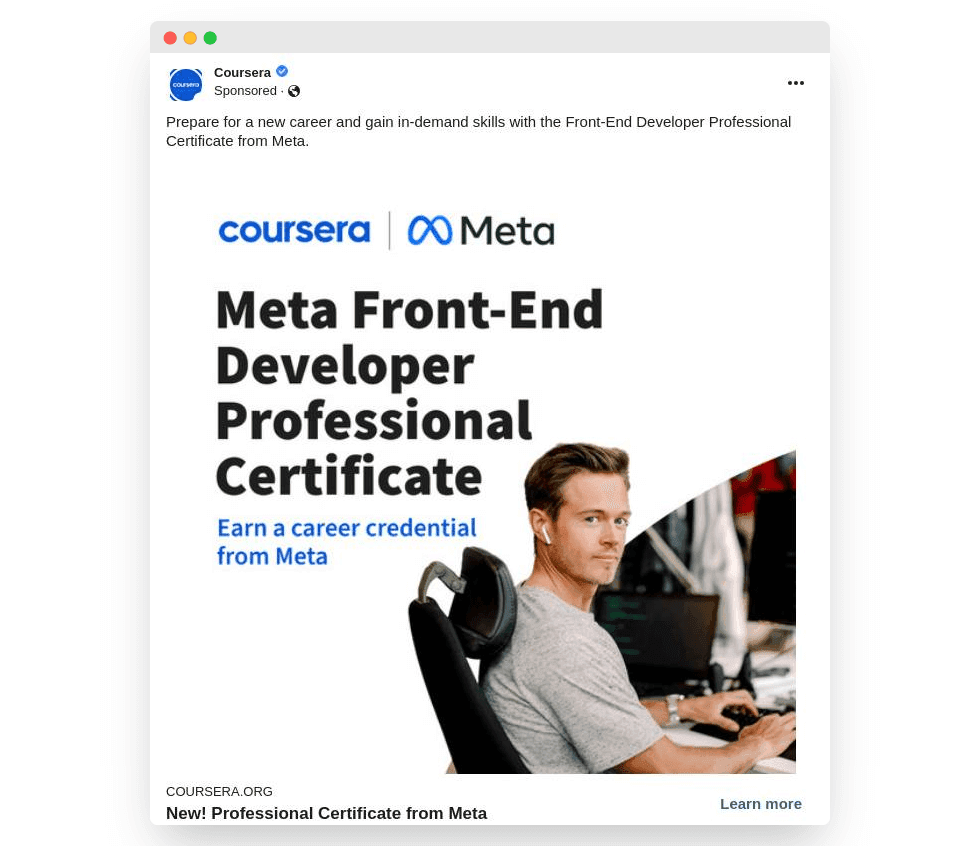 An ad from Coursera that focuses on the objective value of a course. An ad from Coursera that focuses on the objective value of a course.