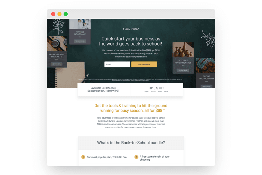 Thinkific landing page shows best practices of landing page design. Thinkific landing page shows best practices of landing page design.