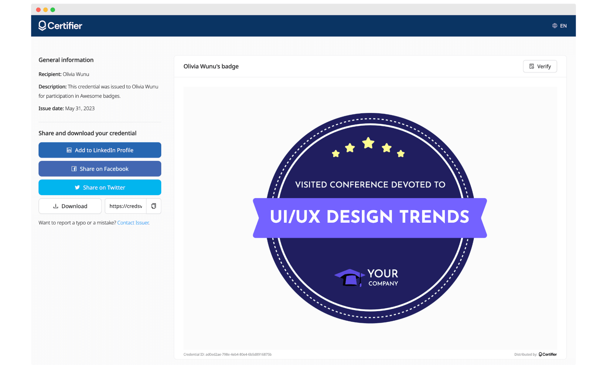 Certifier Credly's alternative and its recipient's view to manage badges. Certifier Credly's alternative and its recipient's view to manage badges.