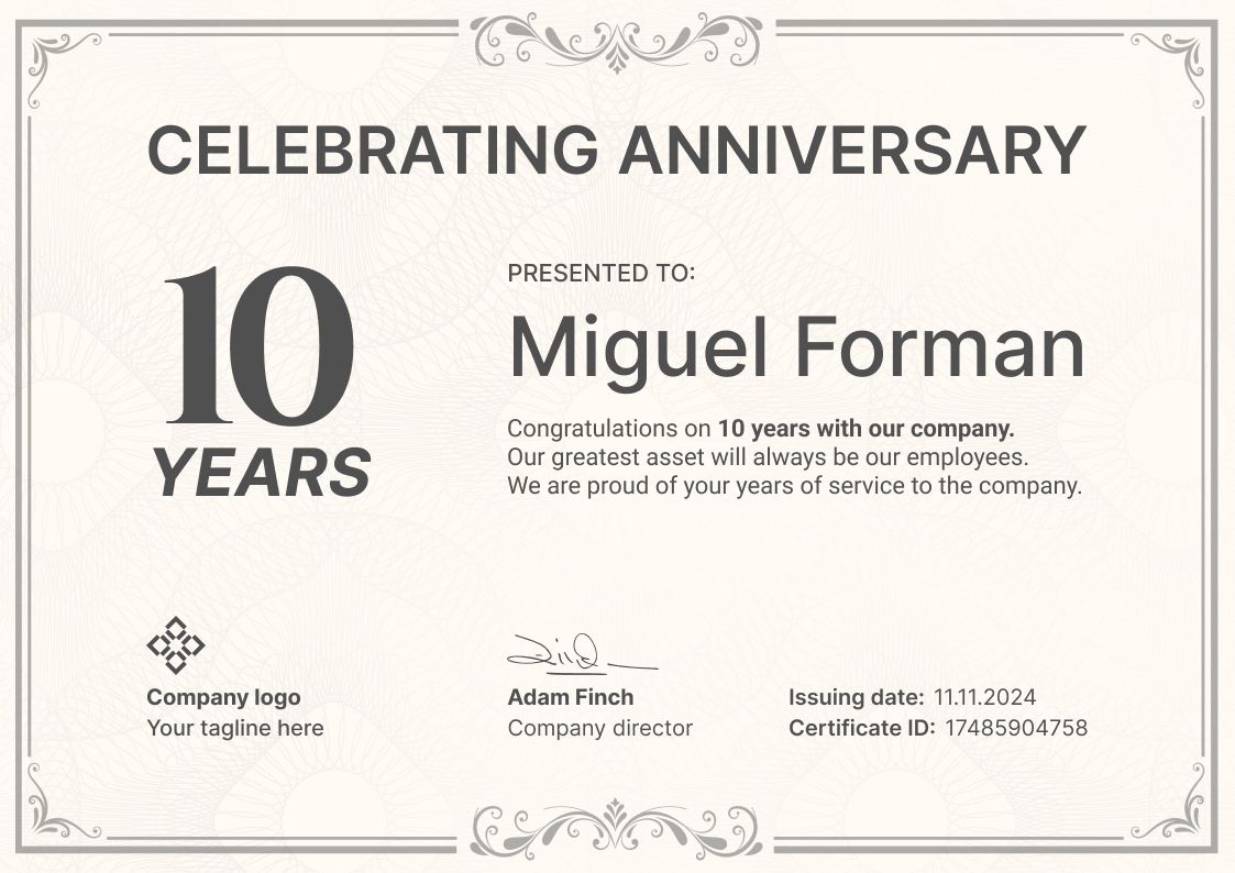 Simple and traditional years of service certificate template