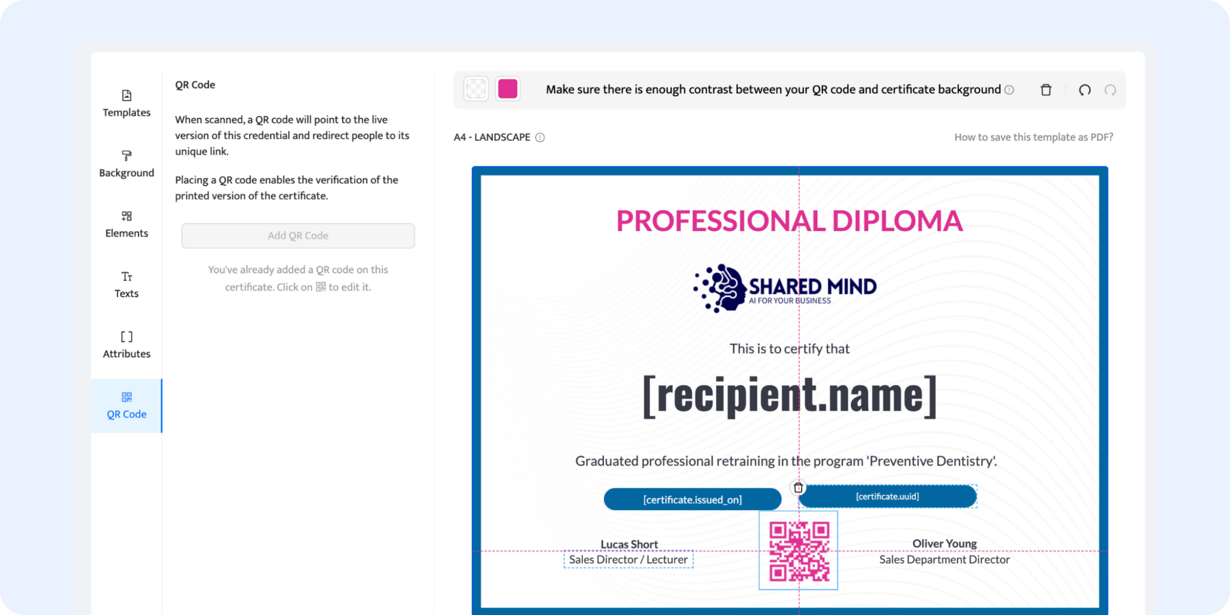 The QR code tab to generate qr codes for each certificate design individually. The QR code tab to generate qr codes for each certificate design individually.