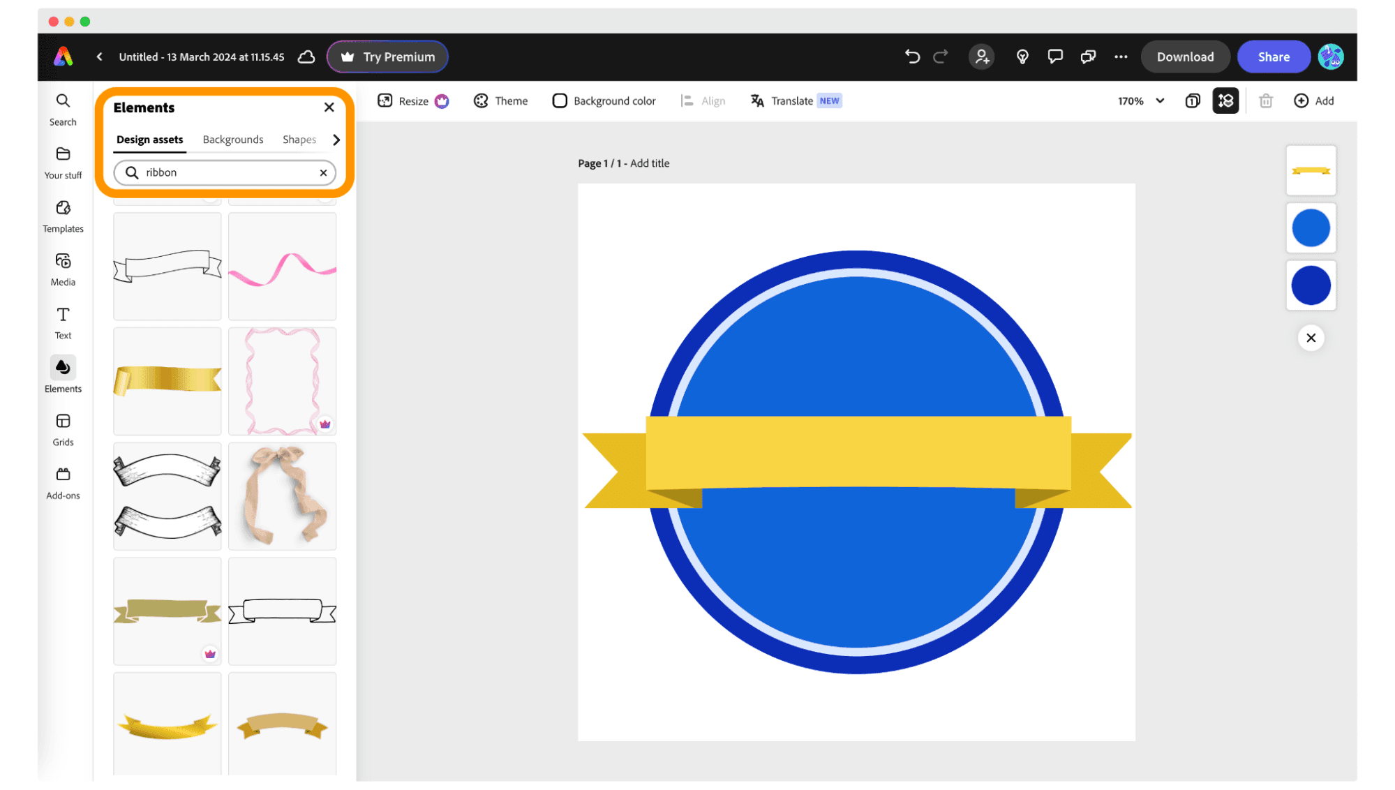 Adding ribbon to the badge in Adobe Express. Adding ribbon to the badge in Adobe Express.