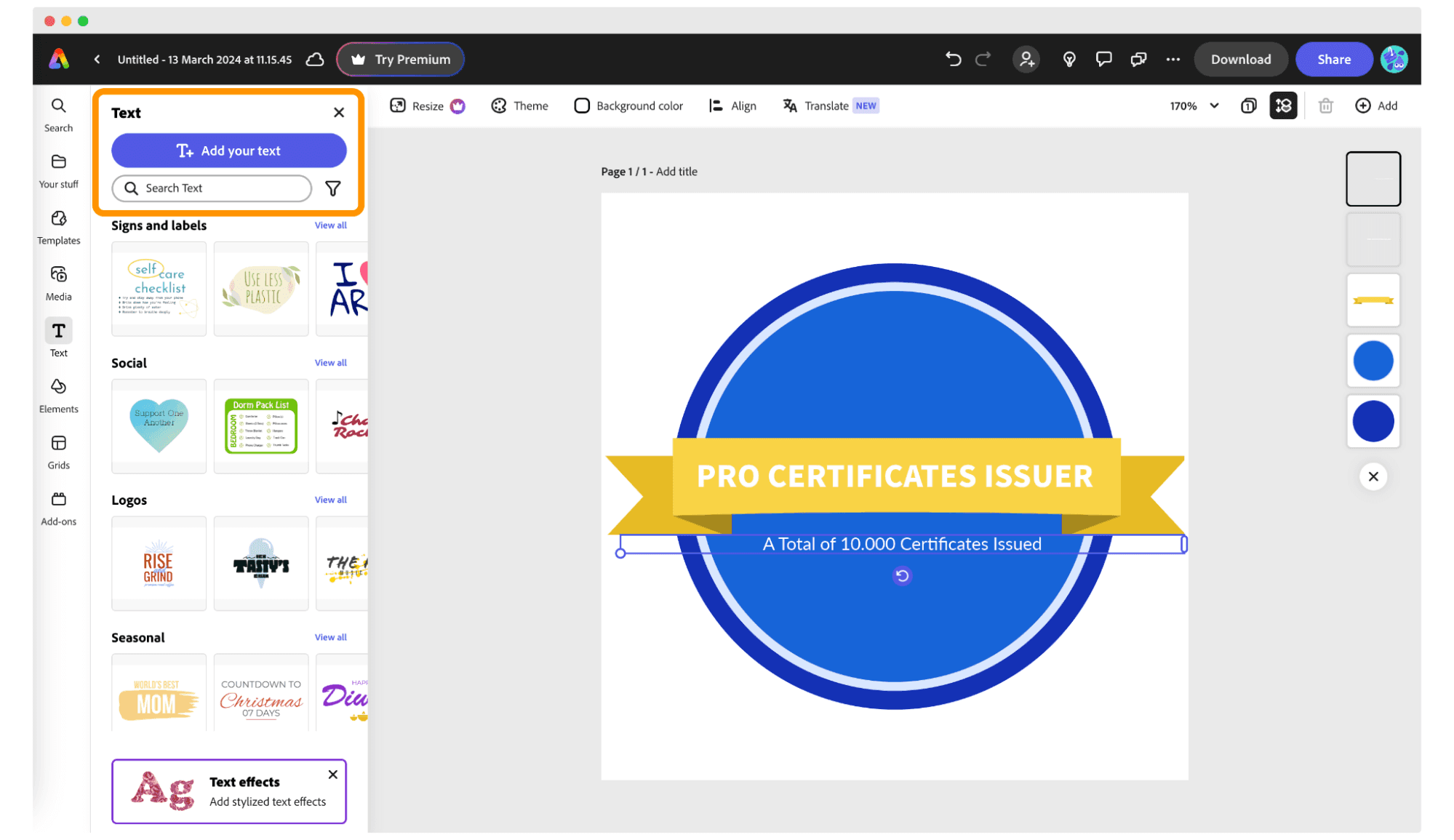Adding text to the badge design in Adobe Express. Adding text to the badge design in Adobe Express.