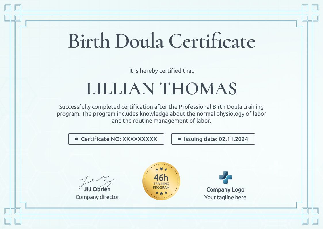 Elegant and professional doula certificate template