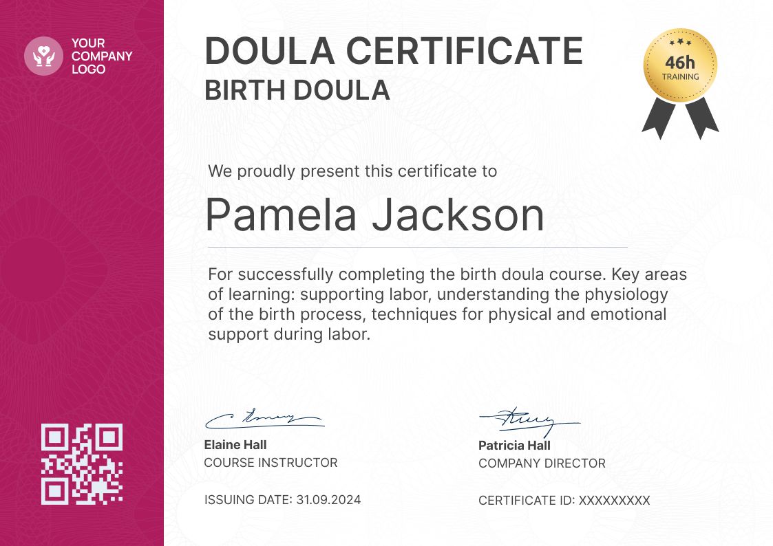 Vibrant and professional doula certificate template