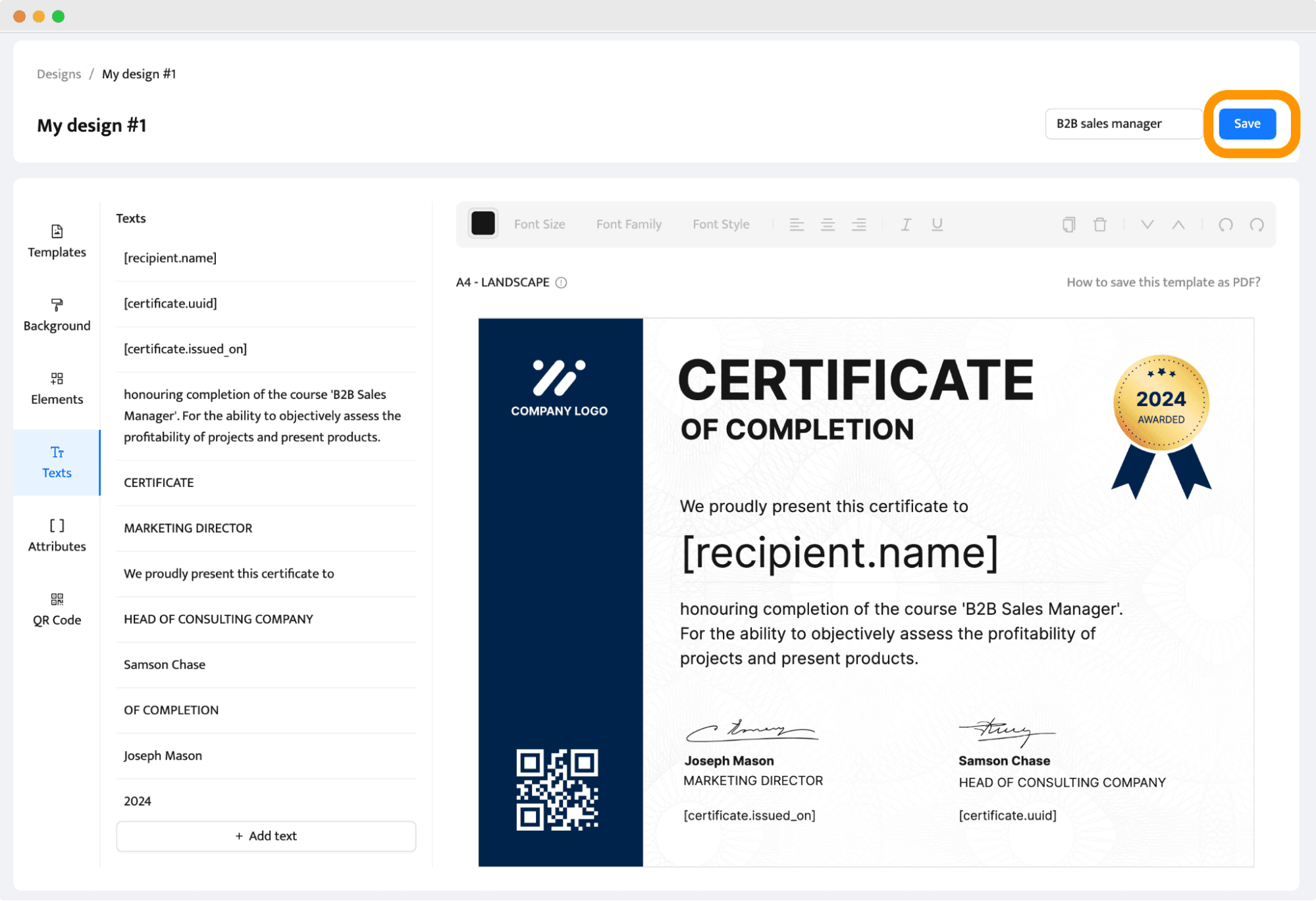 Creating certificate design to generate in bulk. Creating certificate design to generate in bulk.