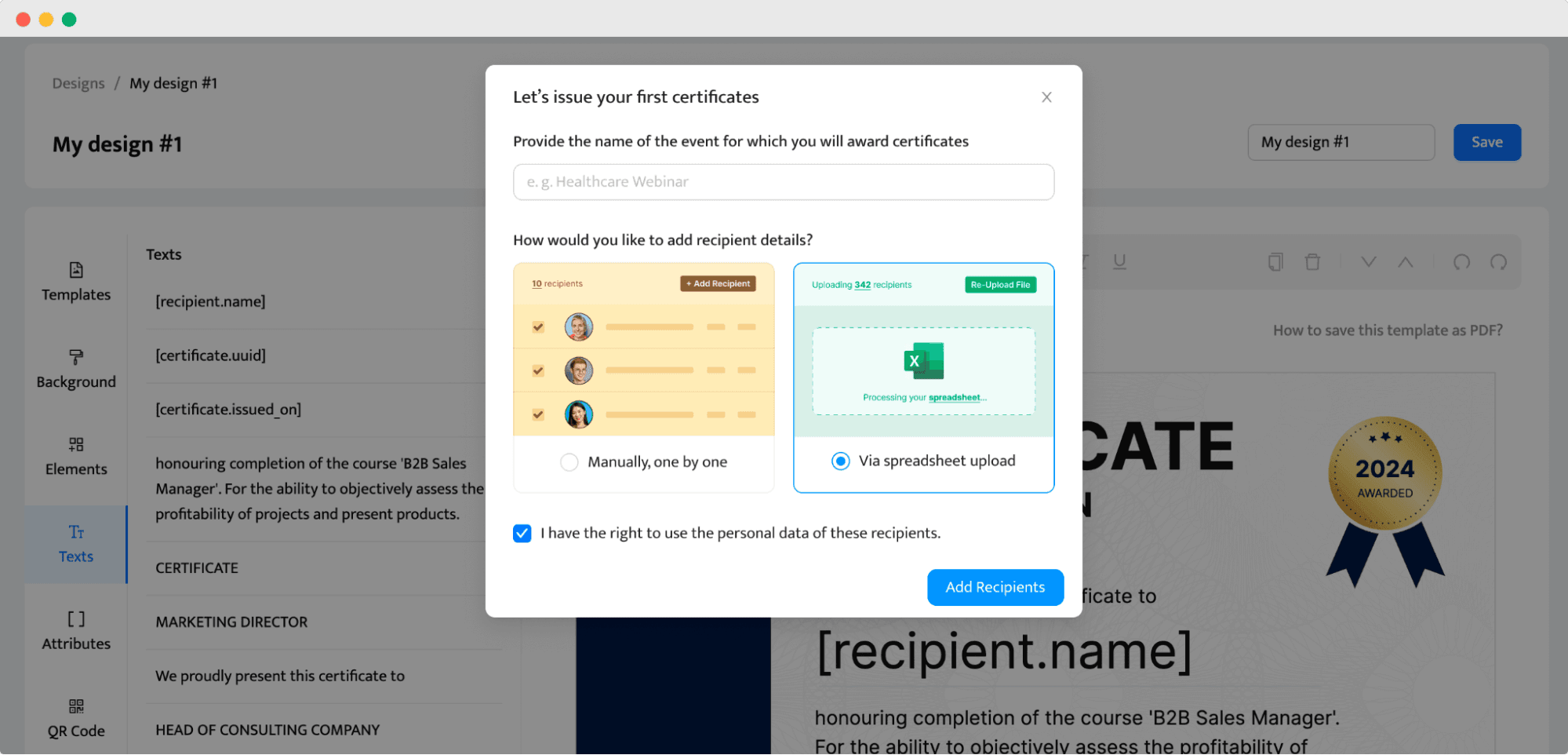 Uploading the recipients' data to bulk certificate generator. Uploading the recipients' data to bulk certificate generator.
