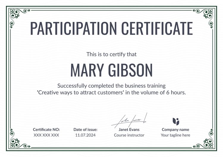 Participation Traditional and professional workshop certificate template