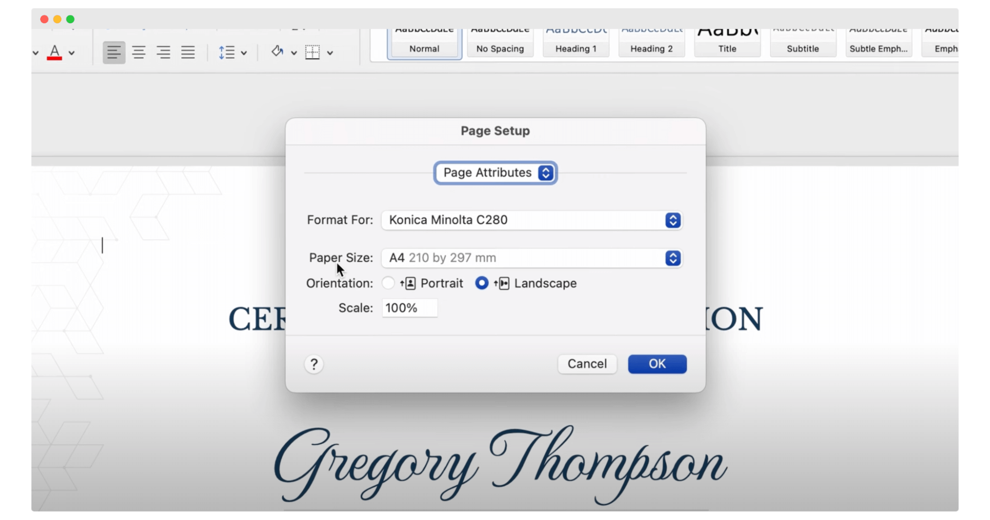 Setting up the page for certificate in Word. Setting up the page for certificate in Word.