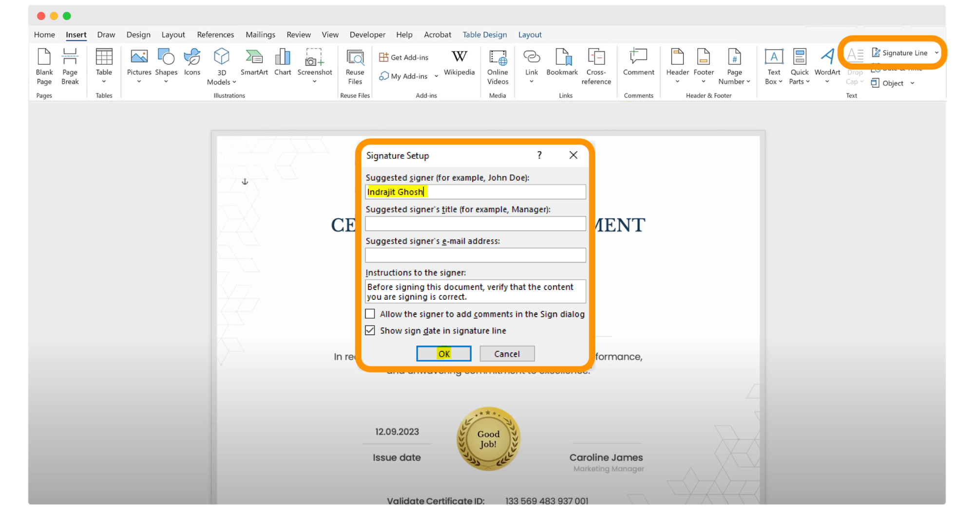 Adding the signature to certificate in Word. Adding the signature to certificate in Word.