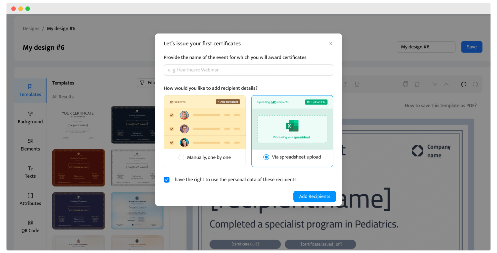 Uploading the spreadsheet to automate the process of diploma distribution. Uploading the spreadsheet to automate the process of diploma distribution.