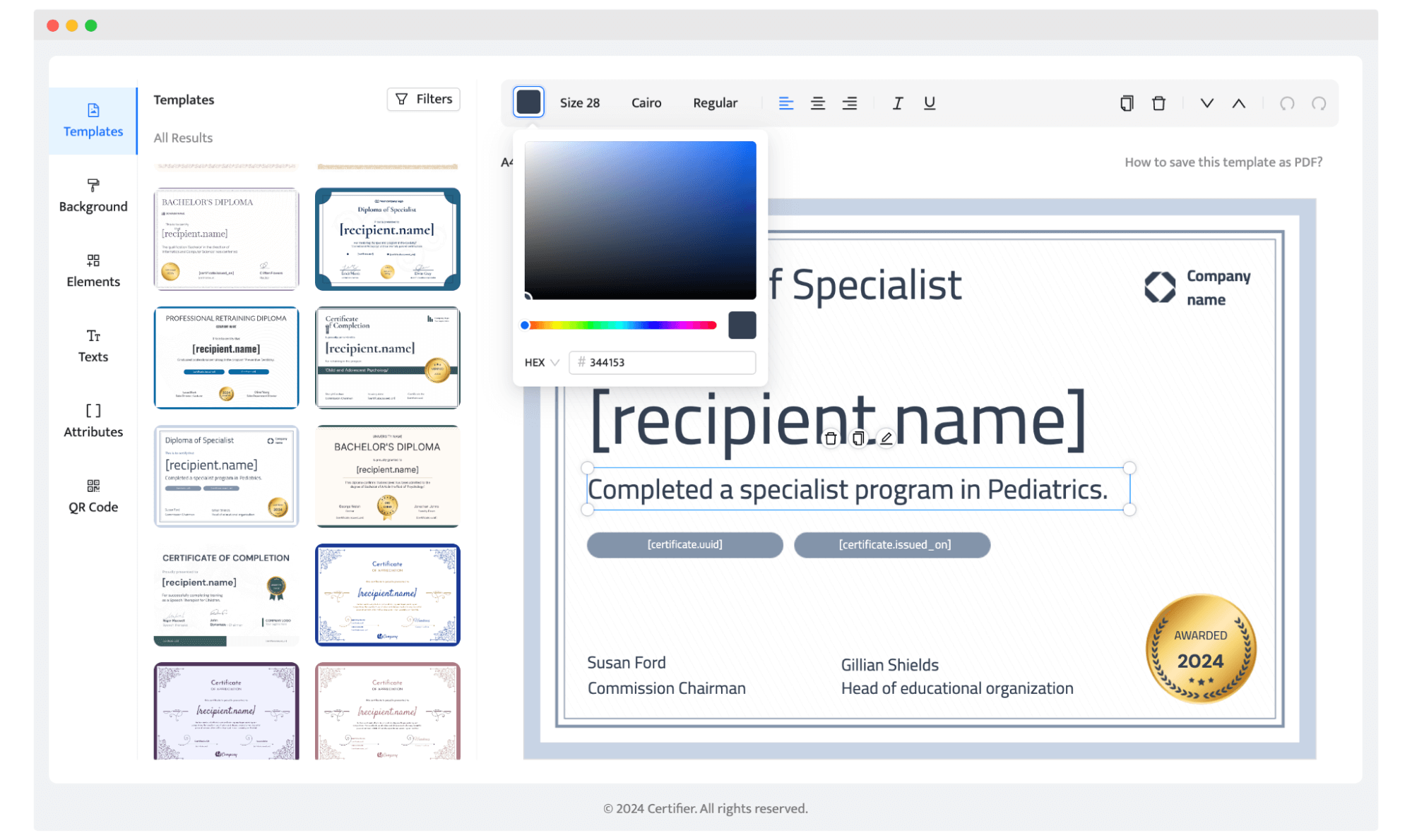 Customizing the diploma template. Customizing the diploma template.