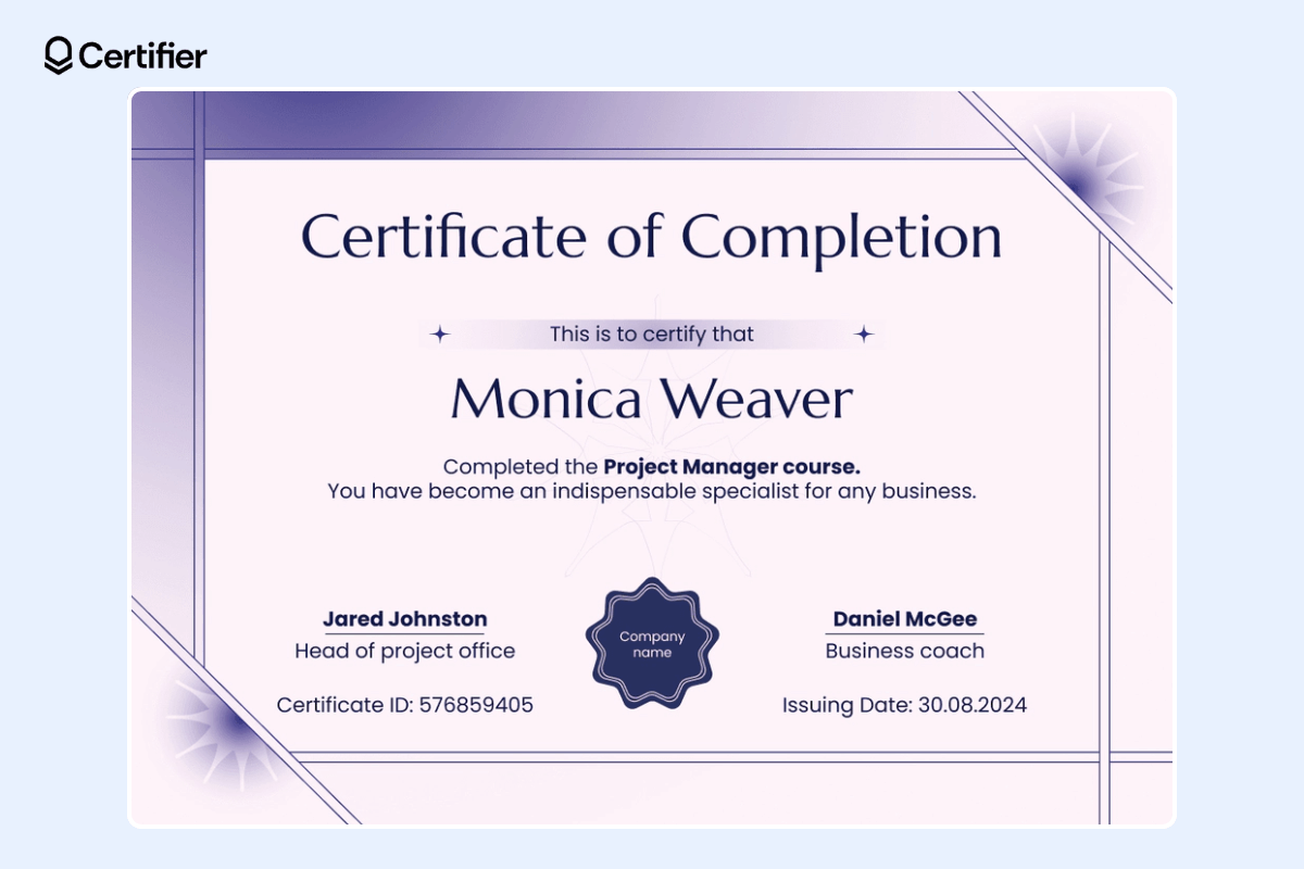 Violet and decorative webinar certificate of completion that user can download from the Certifier library of webinar templates. Violet and decorative webinar certificate of completion that user can download from the Certifier library of webinar templates.