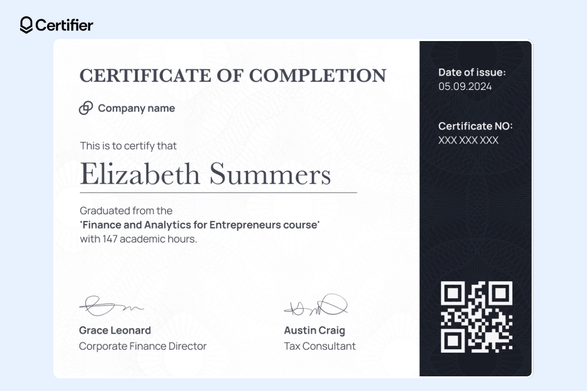 Minimalistic, black and white certificate template with a dedicated right section for date of issue, certificate number and a QR code. Minimalistic, black and white certificate template with a dedicated right section for date of issue, certificate number and a QR code.