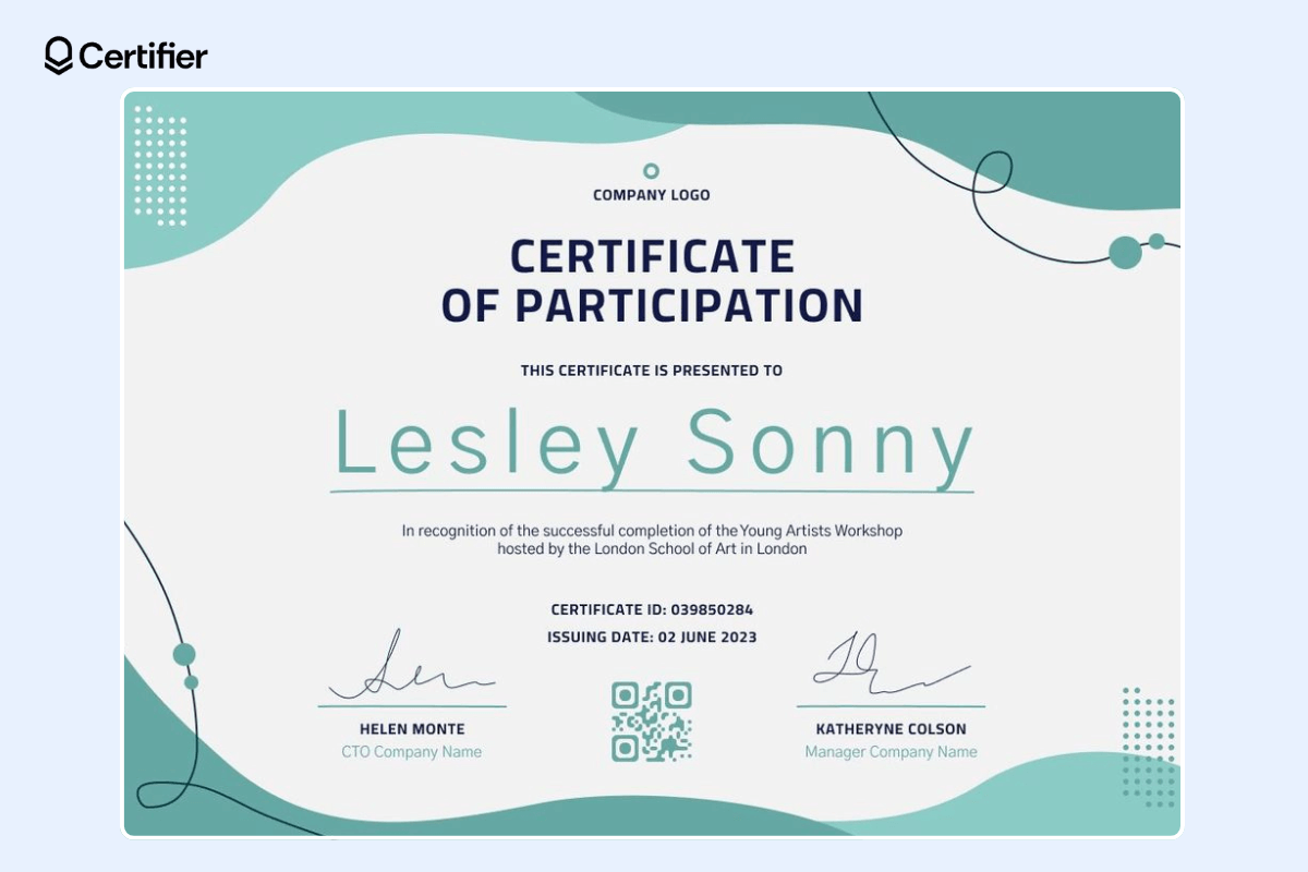 Webinar certificate of participation template in light blue colors, with a QR code and dedicated places for the signatures. Webinar certificate of participation template in light blue colors, with a QR code and dedicated places for the signatures.