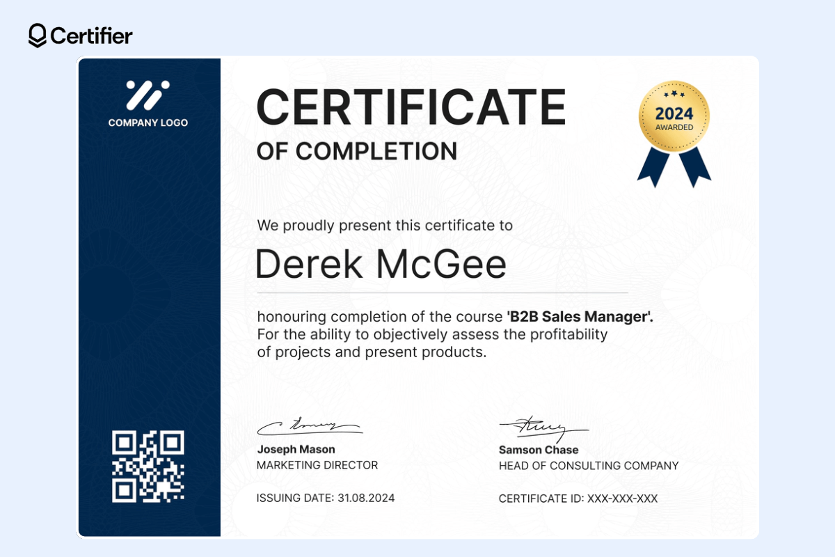 Simple webinar certificate of completion with a blue section and a QR code on the left, and a golden badge at the top right corner. Simple webinar certificate of completion with a blue section and a QR code on the left, and a golden badge at the top right corner.
