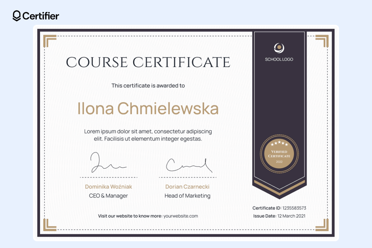 Classic and traditional free certificate template to download in brown and light yellow colors, with ribbon and badge as a decorative element. Classic and traditional free certificate template to download in brown and light yellow colors, with ribbon and badge as a decorative element.