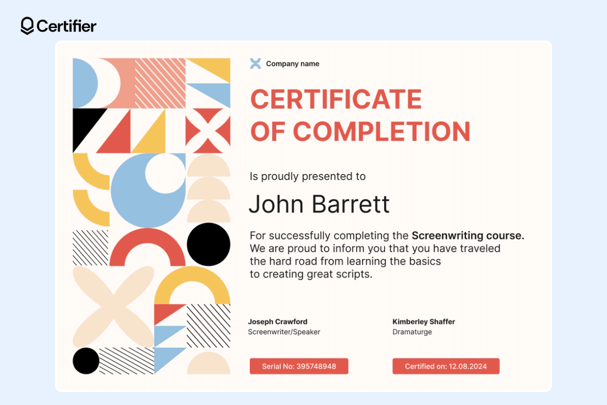 Webinar certificate of completion template with geometric and colorful elements on the left and dedicated space for certificate details on the right. Webinar certificate of completion template with geometric and colorful elements on the left and dedicated space for certificate details on the right.
