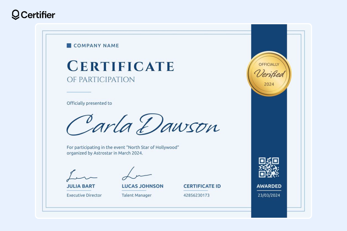 Blue simple webinar certificate of participation with basic blue ribbon, golden badge and QR code on the right and certificate elements like signatures and recipient’s name on the left. Blue simple webinar certificate of participation with basic blue ribbon, golden badge and QR code on the right and certificate elements like signatures and recipient’s name on the left.