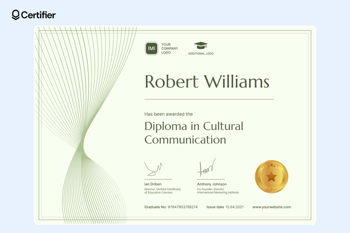 Light green certificate template with dynamic lines on the left and golden badge on the right, suitable for every webinar event. Light green certificate template with dynamic lines on the left and golden badge on the right, suitable for every webinar event.