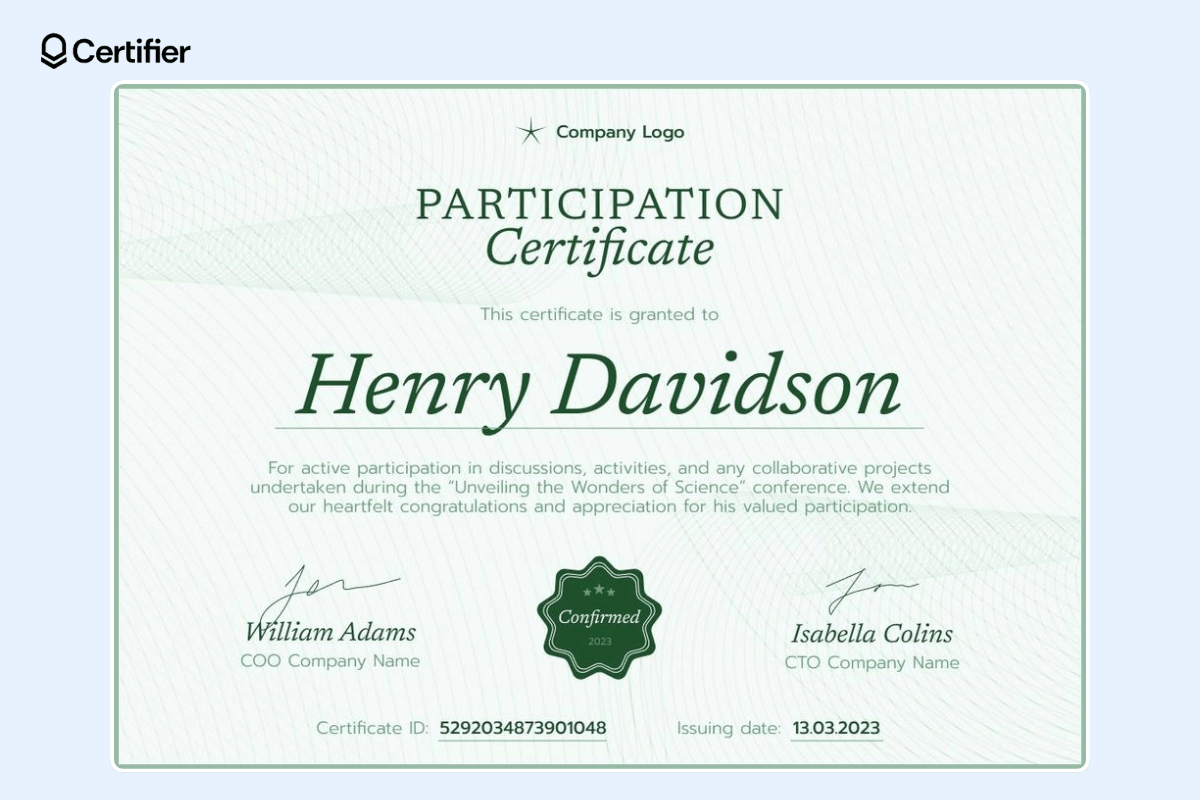 Green webinar participation certificate template with green badge and slightly patterned background. Green webinar participation certificate template with green badge and slightly patterned background.
