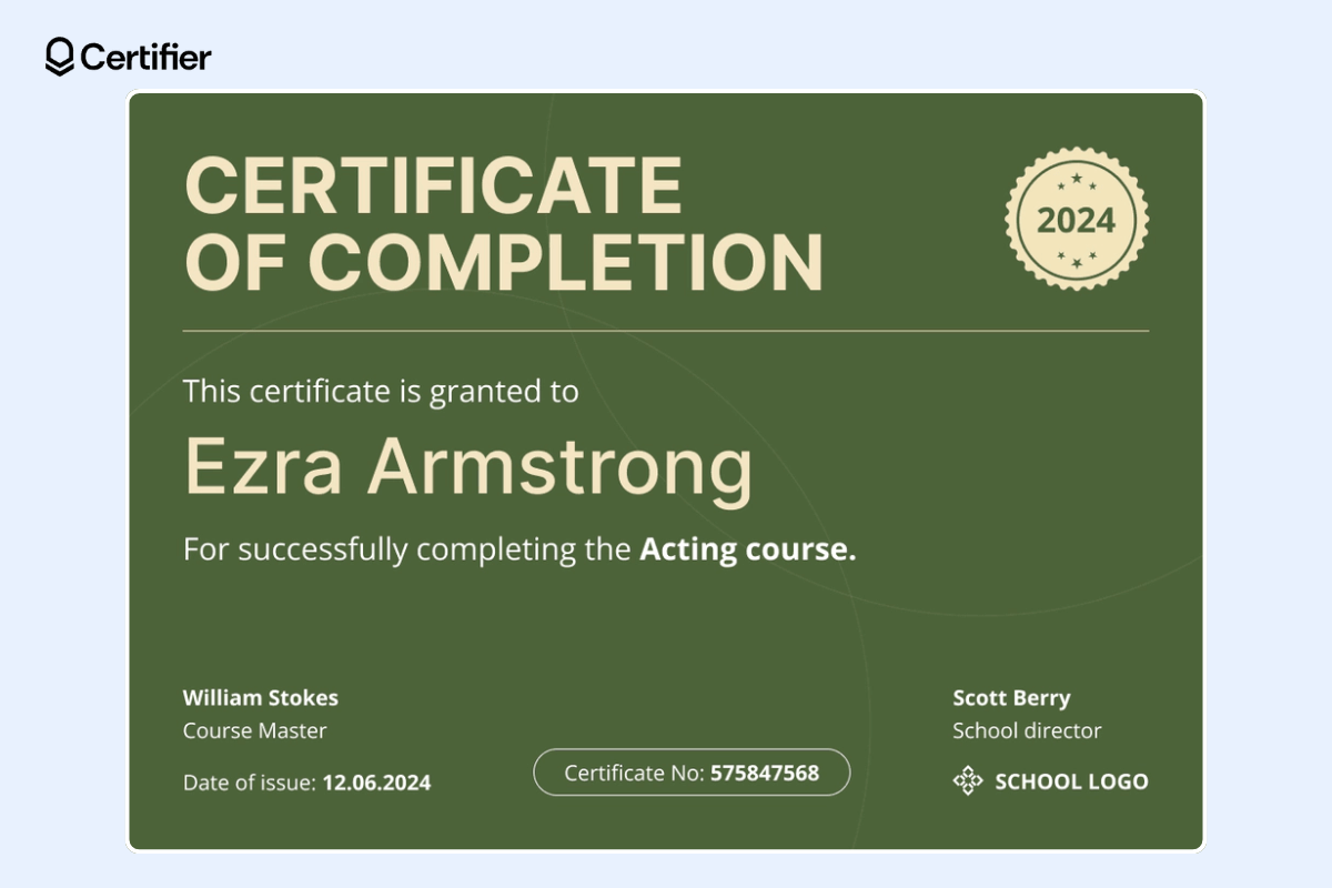 Green certificate of completion for webinars with clear layout and organized certificate elements. Green certificate of completion for webinars with clear layout and organized certificate elements.