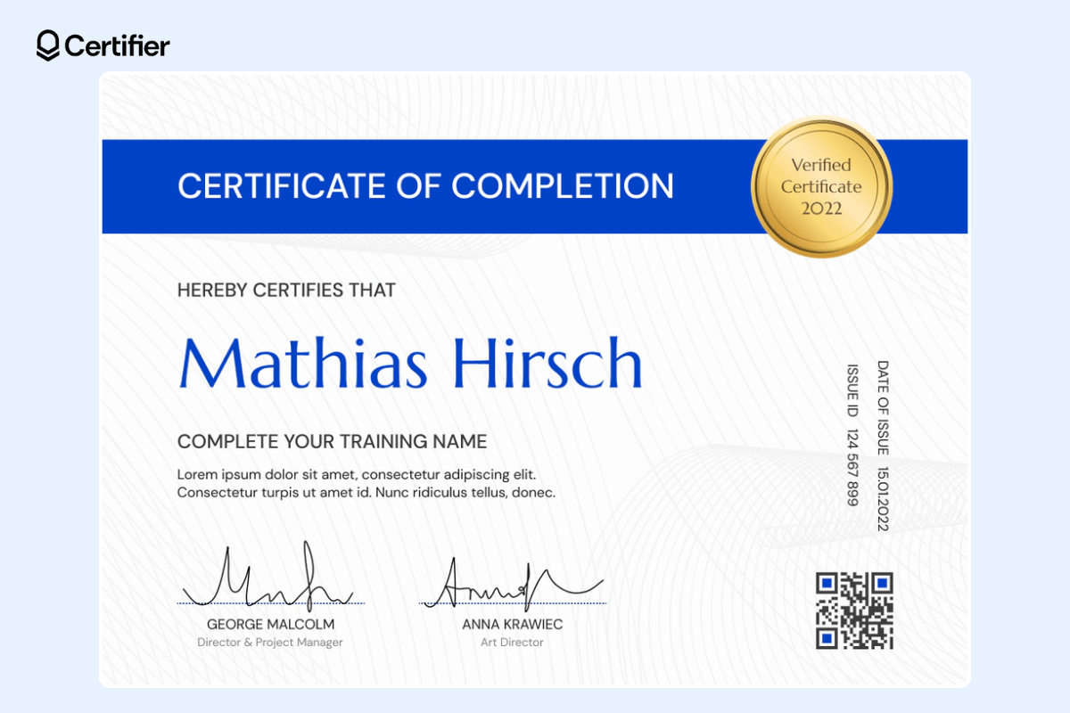White and blue webinar certificate of completion template with golden badge, QR code, date of issue, and issue ID. White and blue webinar certificate of completion template with golden badge, QR code, date of issue, and issue ID.
