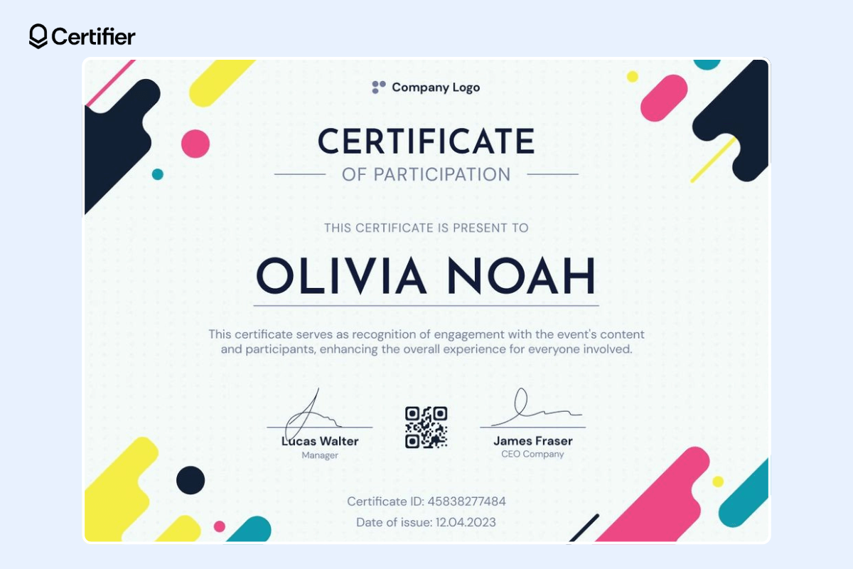 Colorful certificate of participation for webinars with a QR code and slightly checked certificate background. Colorful certificate of participation for webinars with a QR code and slightly checked certificate background.