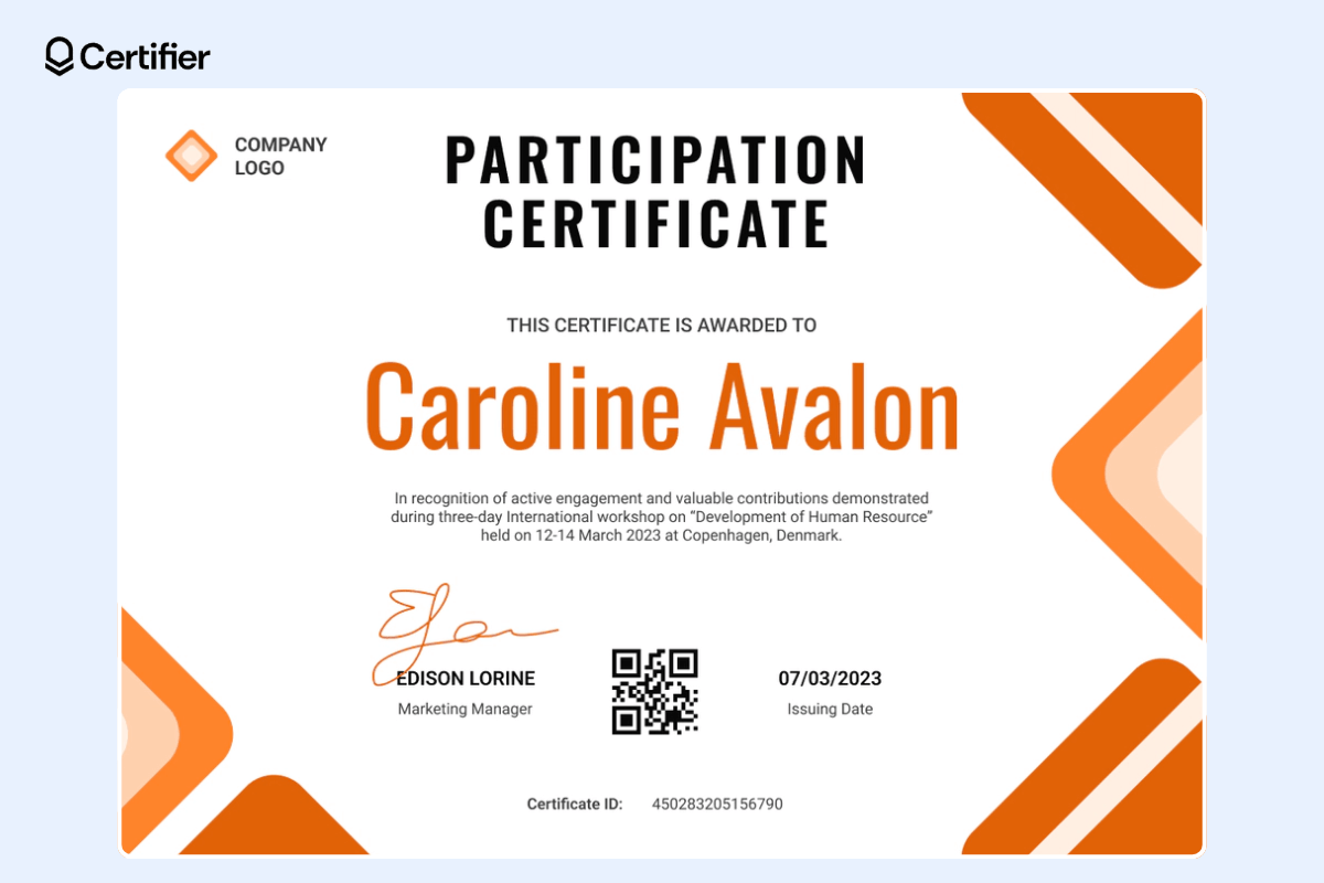 Simple webinar participation certificate with bold orange elements and a QR code. Simple webinar participation certificate with bold orange elements and a QR code.