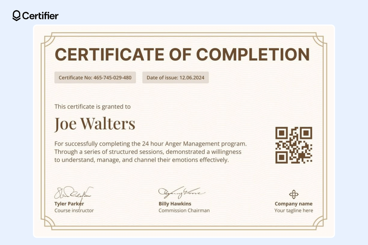 Traditional webinar certificate template with decorative and classic certificate elements and a QR code. Traditional webinar certificate template with decorative and classic certificate elements and a QR code.