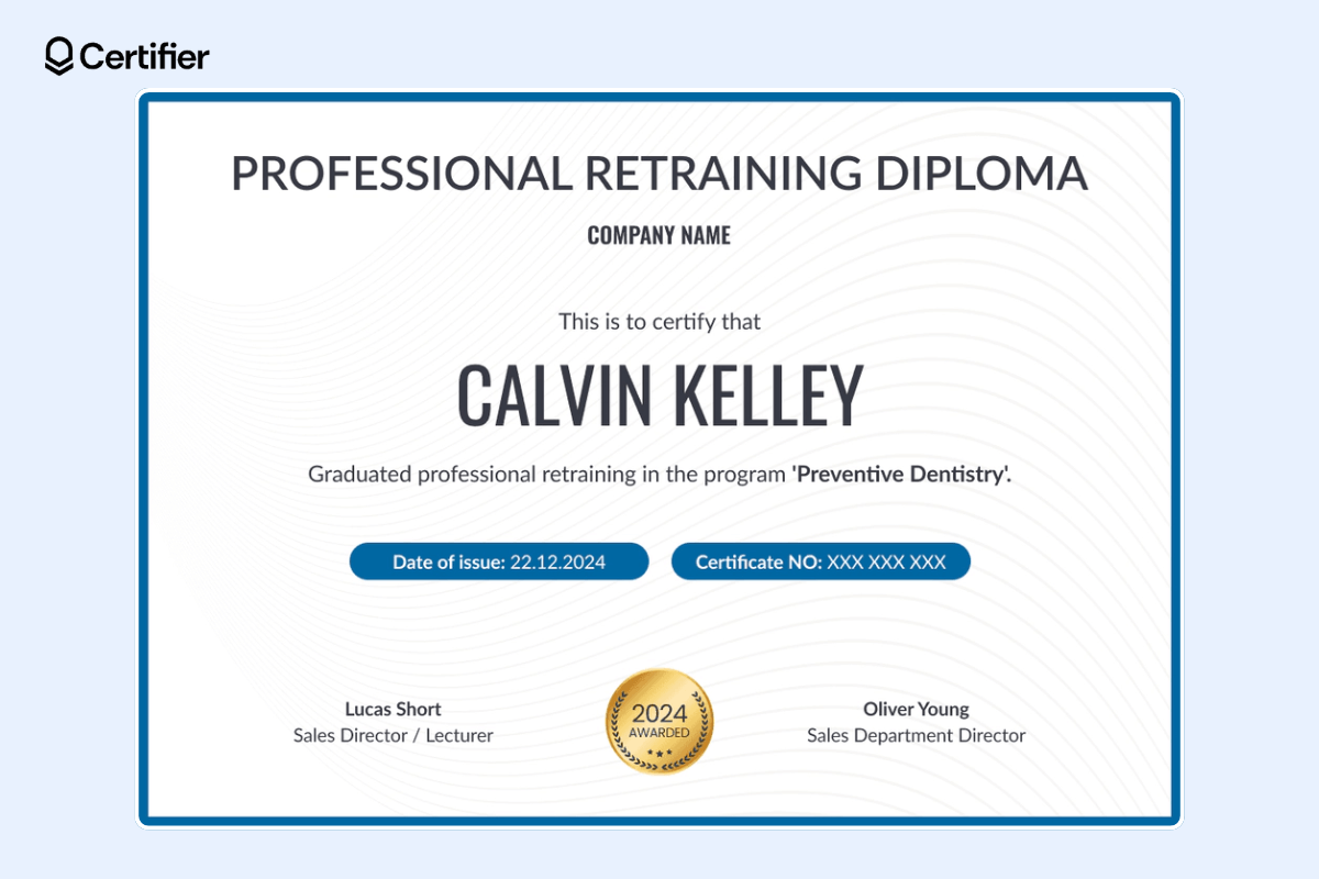 Professional webinar certificate template with a background with subtle lines and highlighted blue tags for the date of issue and certificate number. Professional webinar certificate template with a background with subtle lines and highlighted blue tags for the date of issue and certificate number.