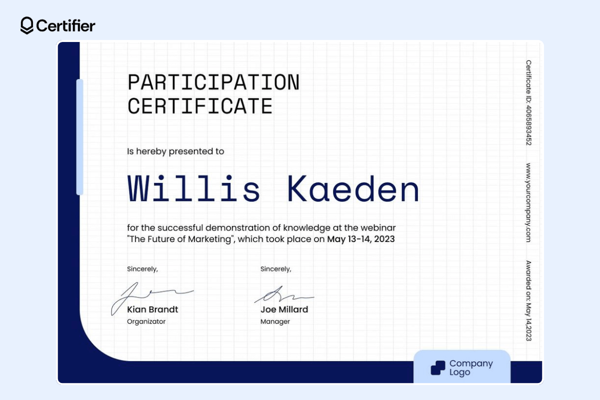 Webinar participation certificate template with checked background and technology vibe. Webinar participation certificate template with checked background and technology vibe.