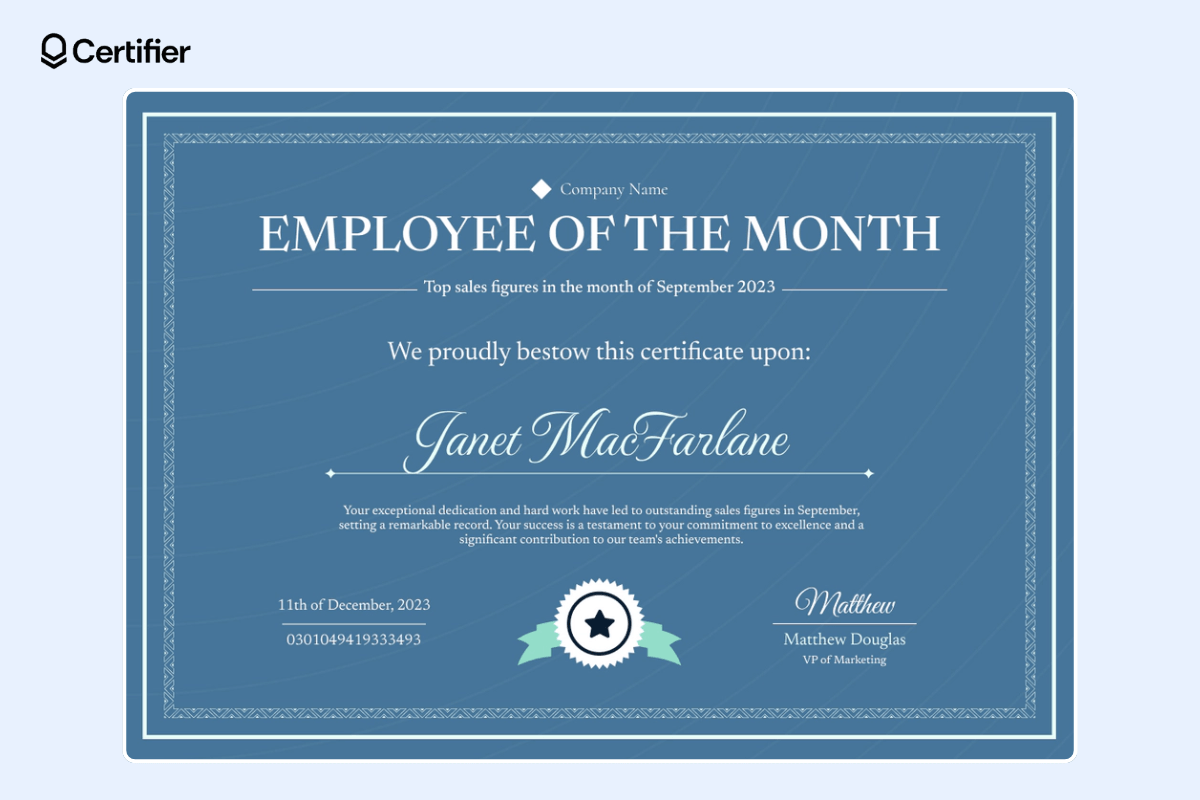 Traditional and formal employee of the month certificate template with decorative elements. Traditional and formal employee of the month certificate template with decorative elements.