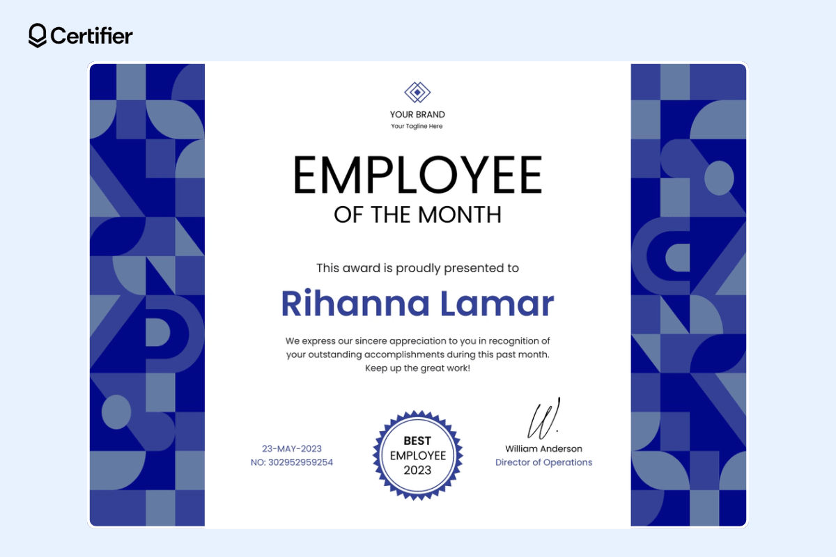 Employee of the month certificate template with blue geometric elements and badge at the center. Employee of the month certificate template with blue geometric elements and badge at the center.