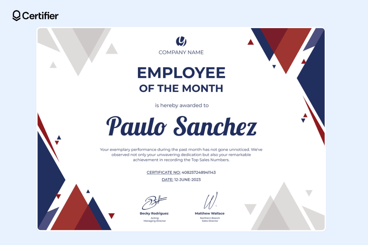 Stylish employee of the month certificate template with bold elements and place for the company's logo and signatures. Stylish employee of the month certificate template with bold elements and place for the company's logo and signatures.