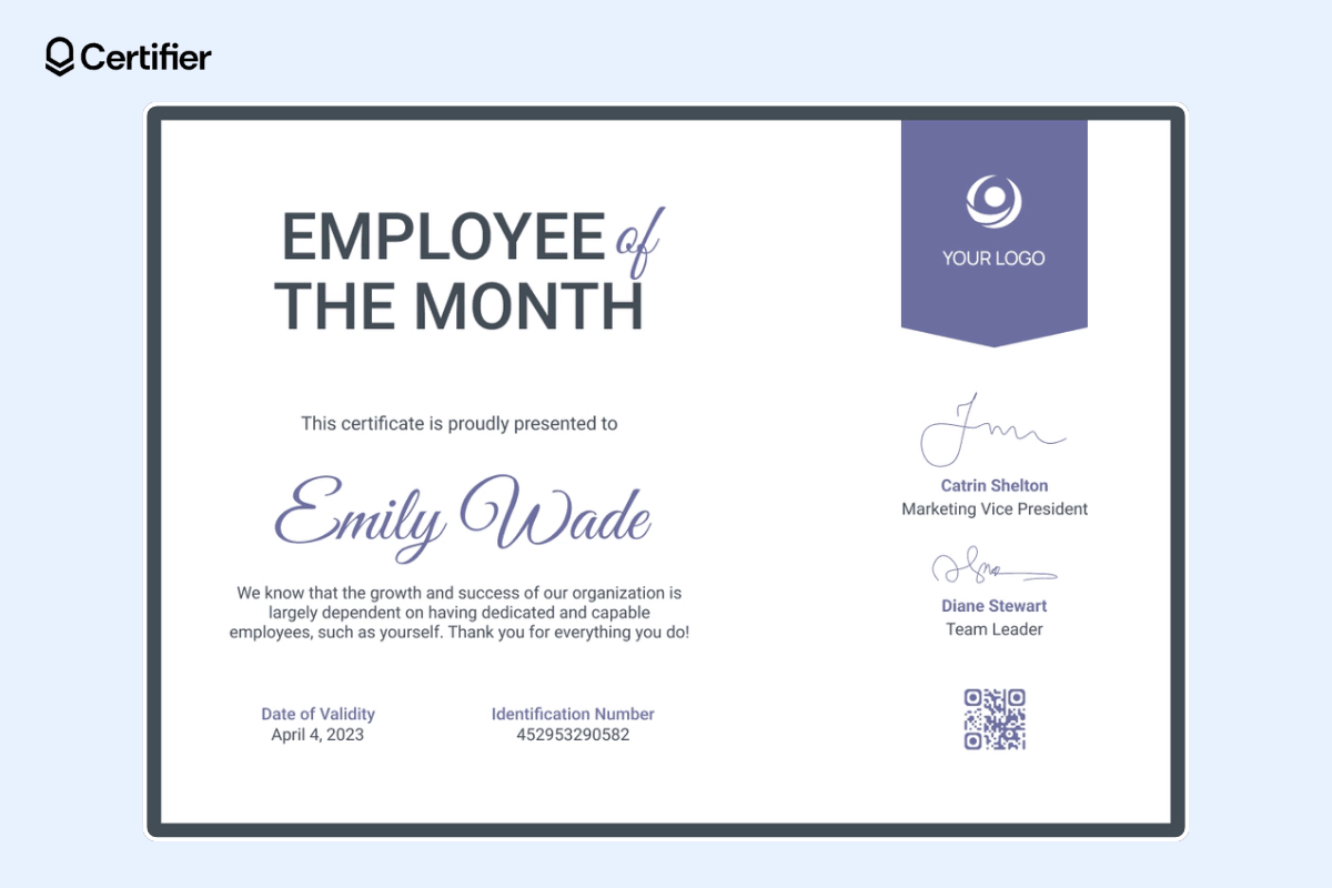 Simple employee of the month certificate template with simple design, highlighted company's logo and a QR code. Simple employee of the month certificate template with simple design, highlighted company's logo and a QR code.
