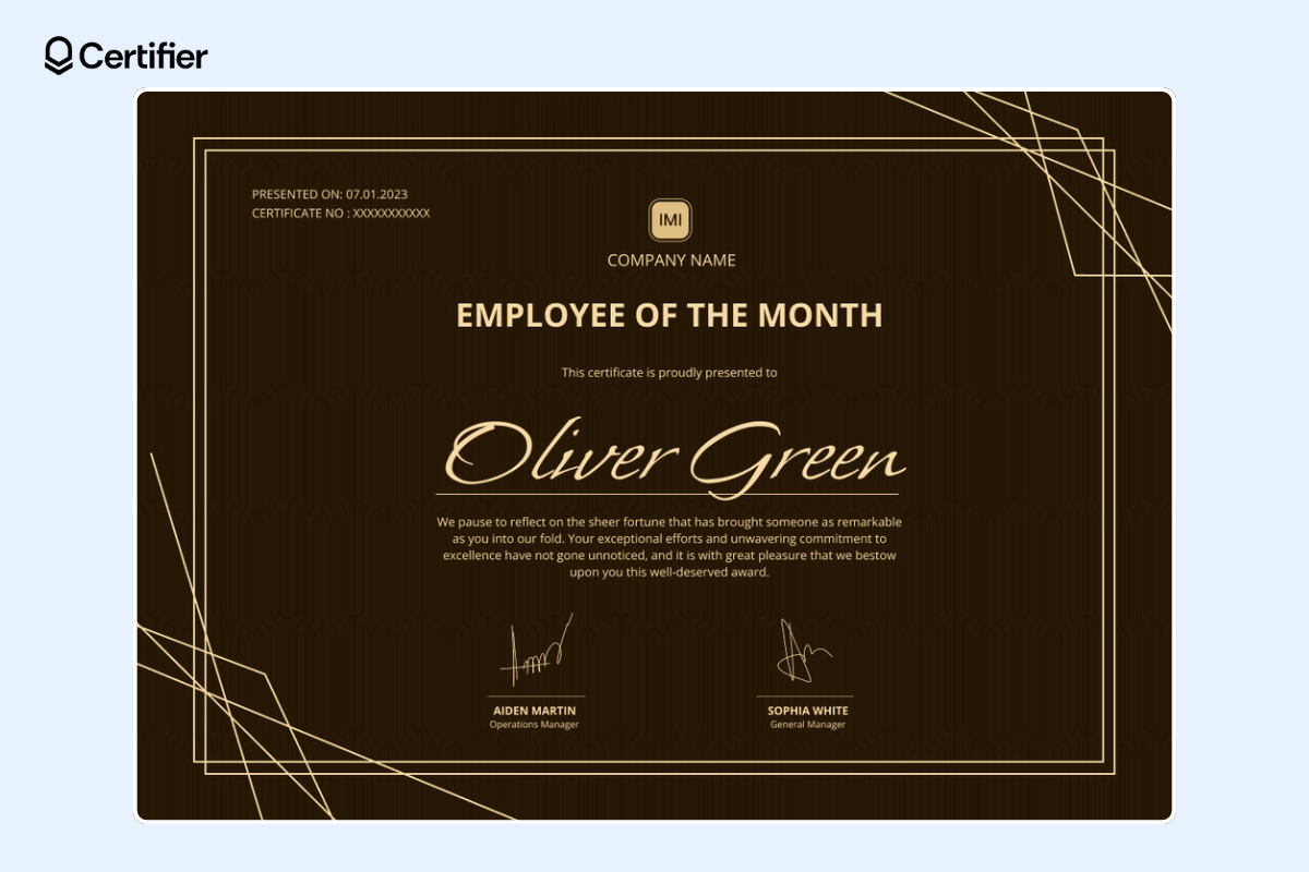 Classy and professional employee of the month certificate template with dark colors and decorative lines. Classy and professional employee of the month certificate template with dark colors and decorative lines.