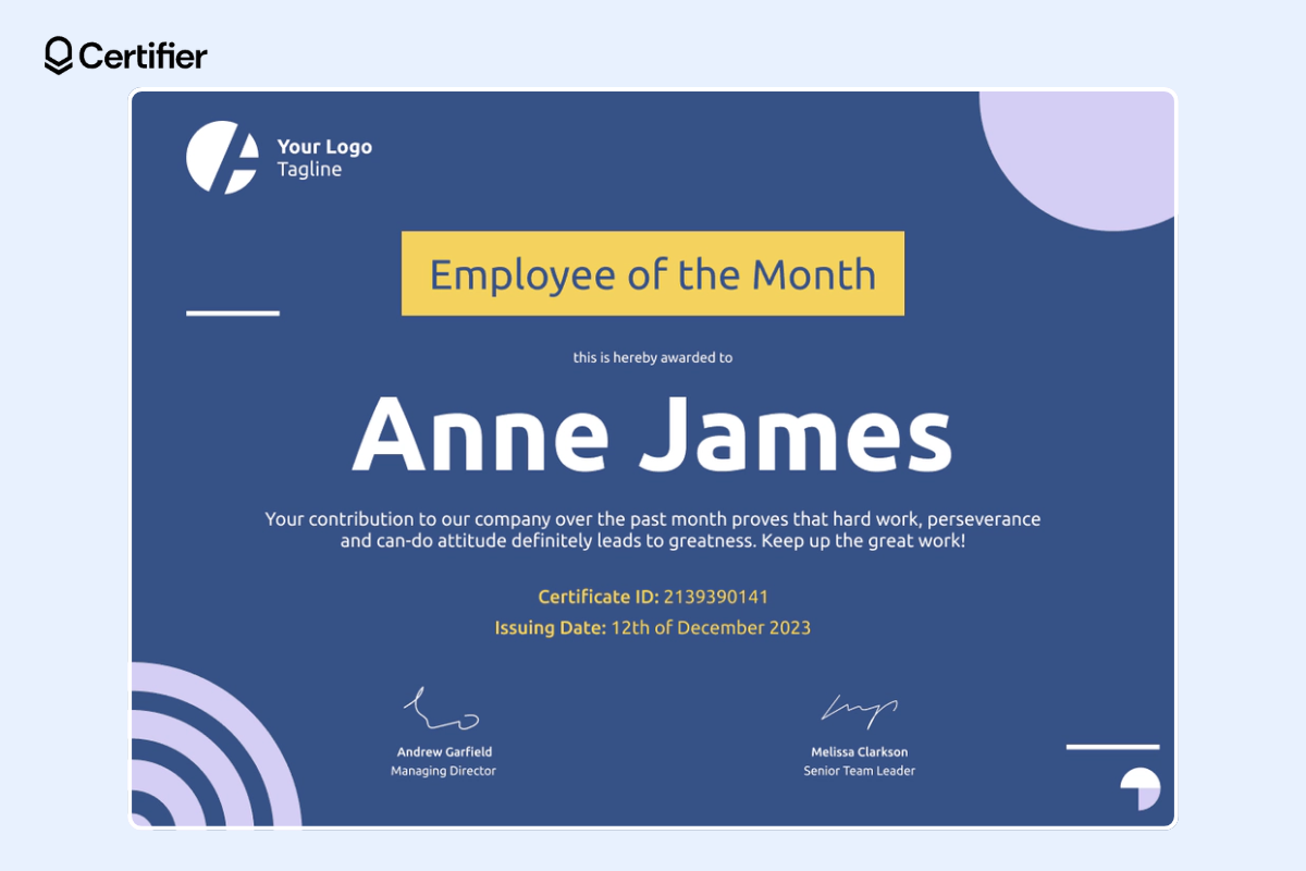 Editable employee of the month certificate template that you can customize on your own in Certifier certificate maker. Editable employee of the month certificate template that you can customize on your own in Certifier certificate maker.