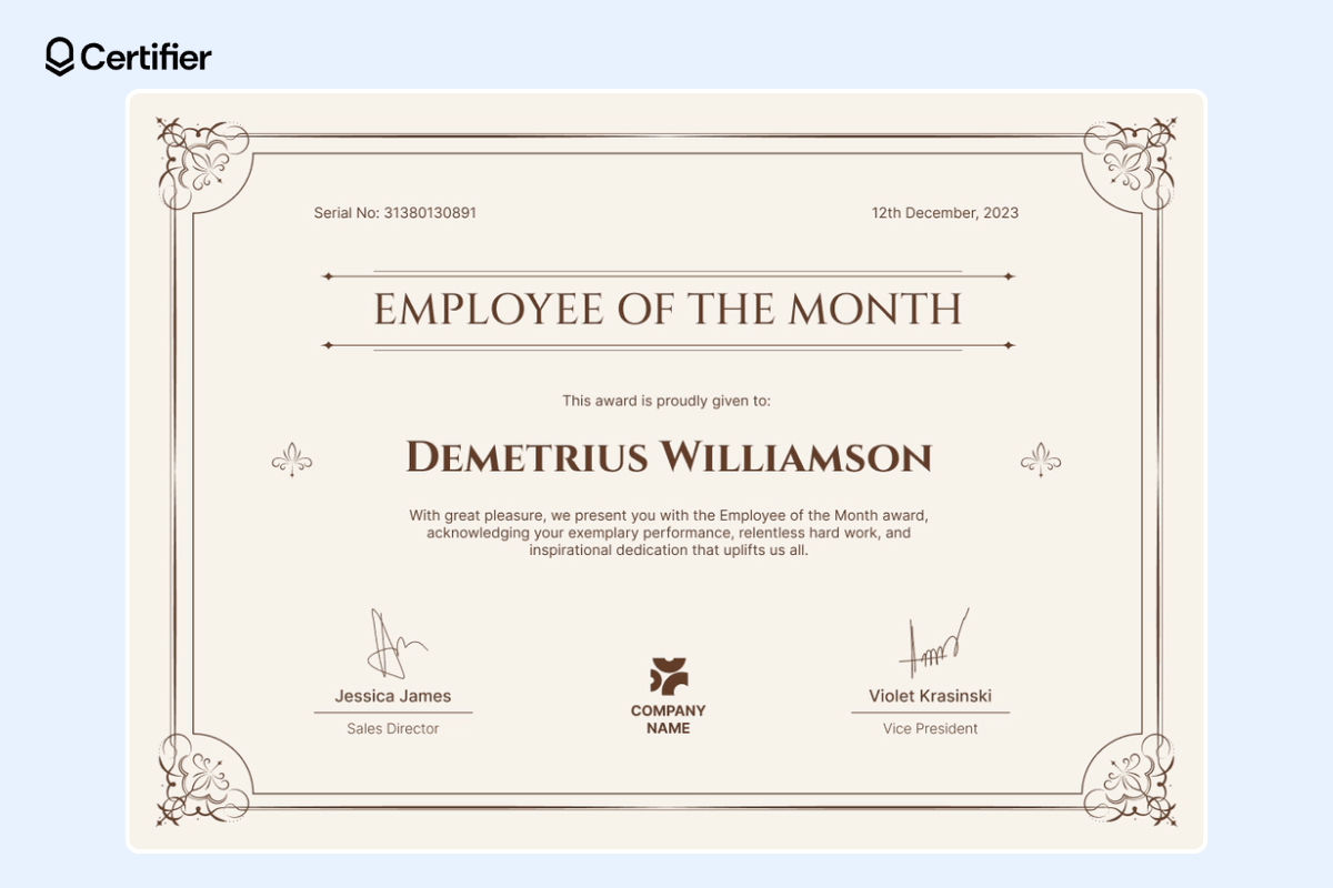 Formal and elegant employee of the month certificate template with decorative border and subtle elements. Formal and elegant employee of the month certificate template with decorative border and subtle elements.