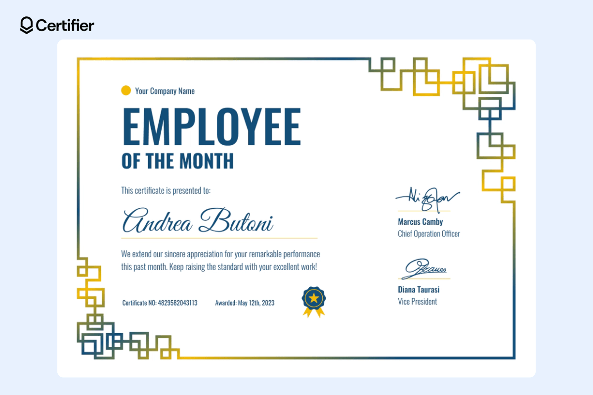 Modern and creative employee of the month certificate template with space for company's logo, signatures and certificate ID. Modern and creative employee of the month certificate template with space for company's logo, signatures and certificate ID.