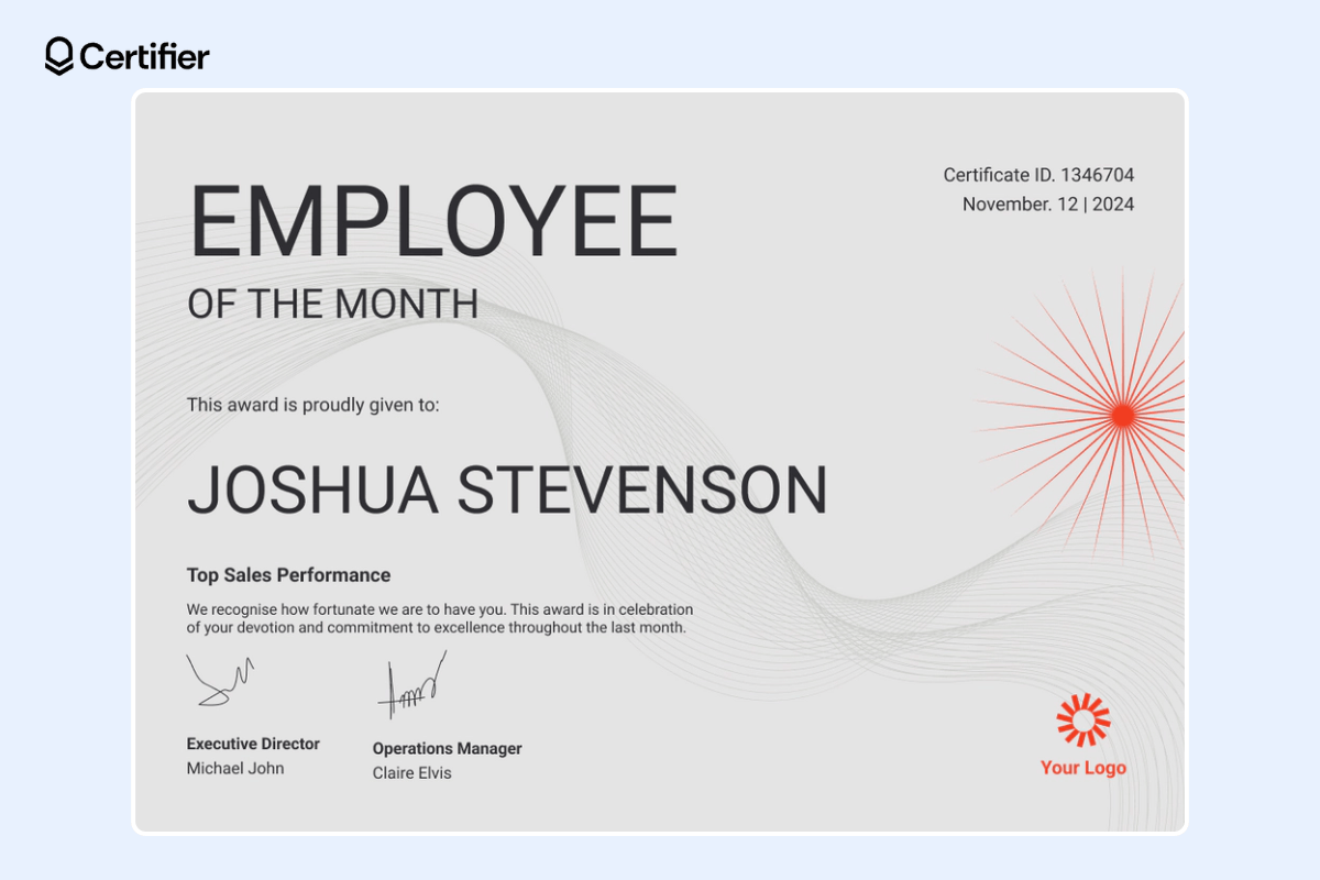 Employee of the month certificate template in grey colors and with red elements. Employee of the month certificate template in grey colors and with red elements.