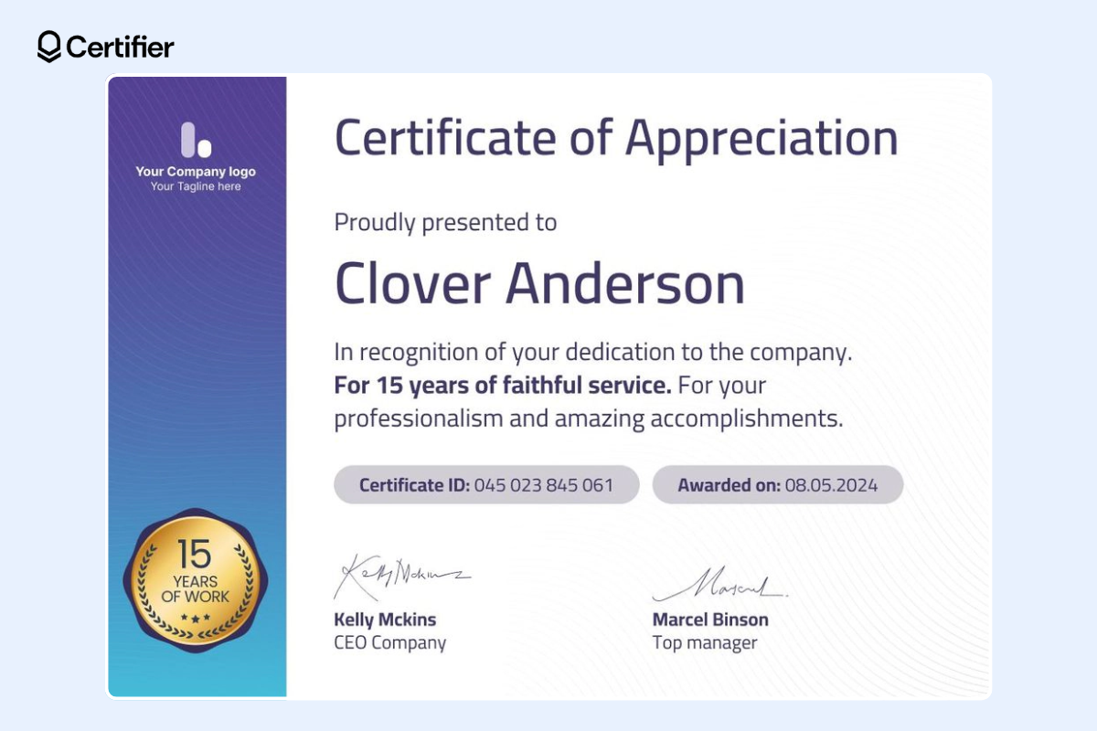 Simple certificate of appreciation with the gradient colorful section on the left and subtle patterns in the background. Simple certificate of appreciation with the gradient colorful section on the left and subtle patterns in the background.