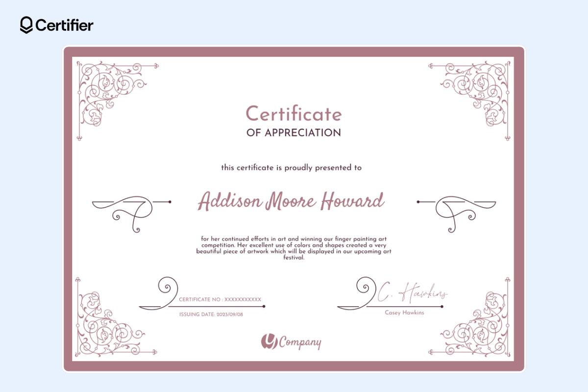 Certificate of appreciation template with decorative elements and ornaments on the corners. Certificate of appreciation template with decorative elements and ornaments on the corners.