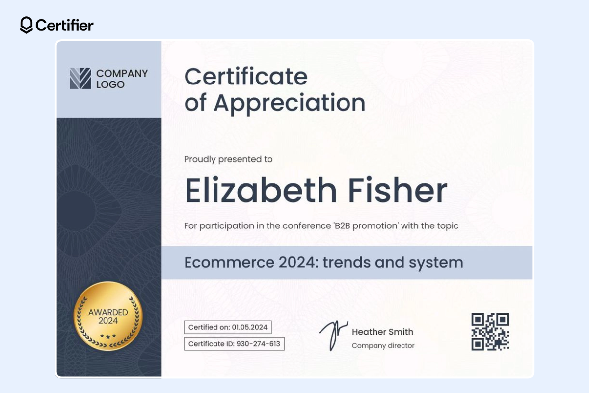 Certificate of appreciation template with a QR code and well-designed layout with organized sections for the particular award details. Certificate of appreciation template with a QR code and well-designed layout with organized sections for the particular award details.