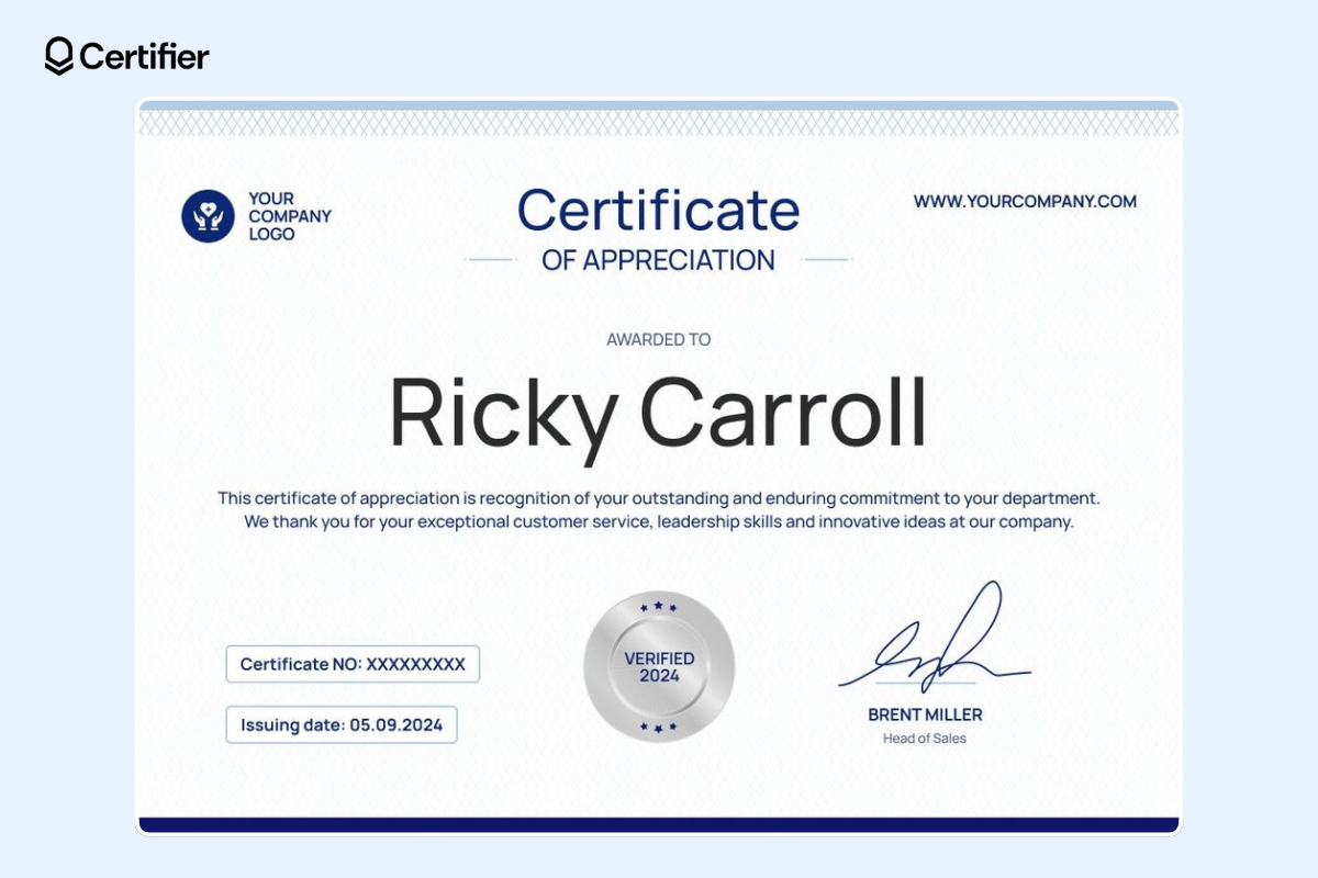 Certificate of appreciation template in blue with silver badge, places for the certificate number, the company’s logo and the issuing date. Certificate of appreciation template in blue with silver badge, places for the certificate number, the company’s logo and the issuing date.
