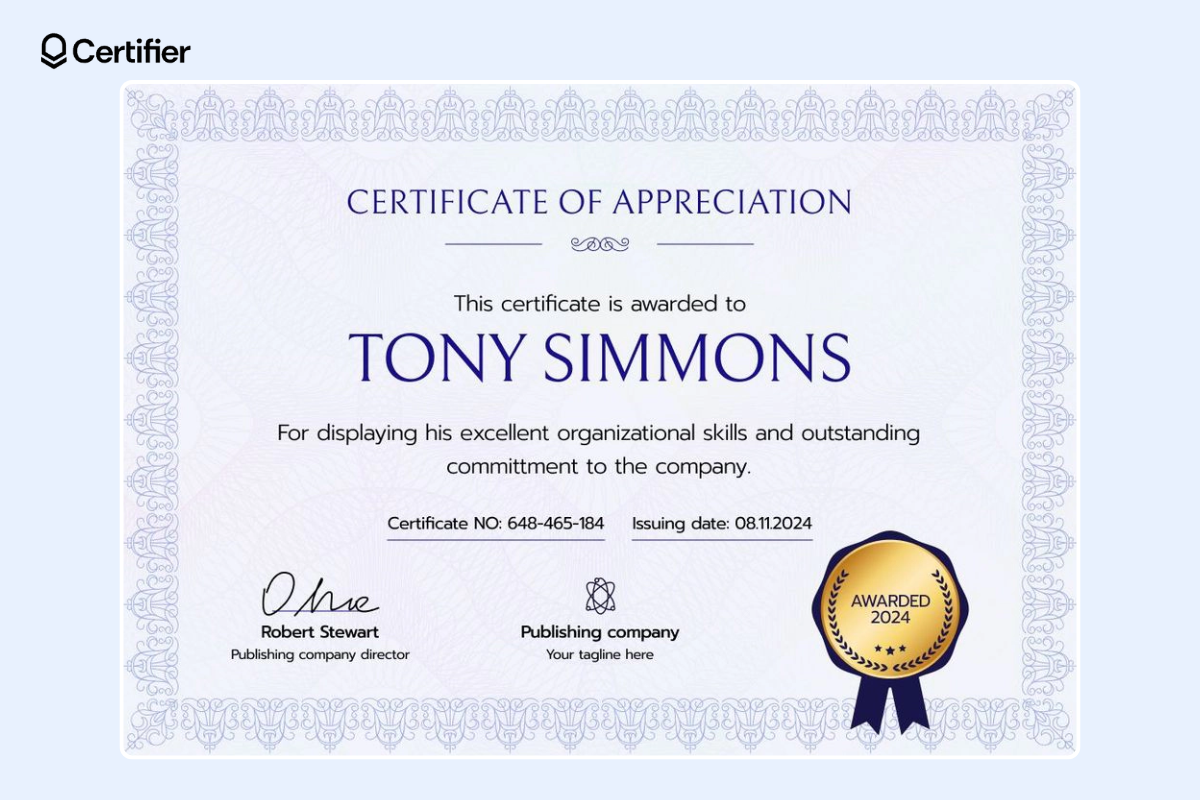 Elegant and decorative certificate of appreciation template with golden badge at the bottom. Elegant and decorative certificate of appreciation template with golden badge at the bottom.